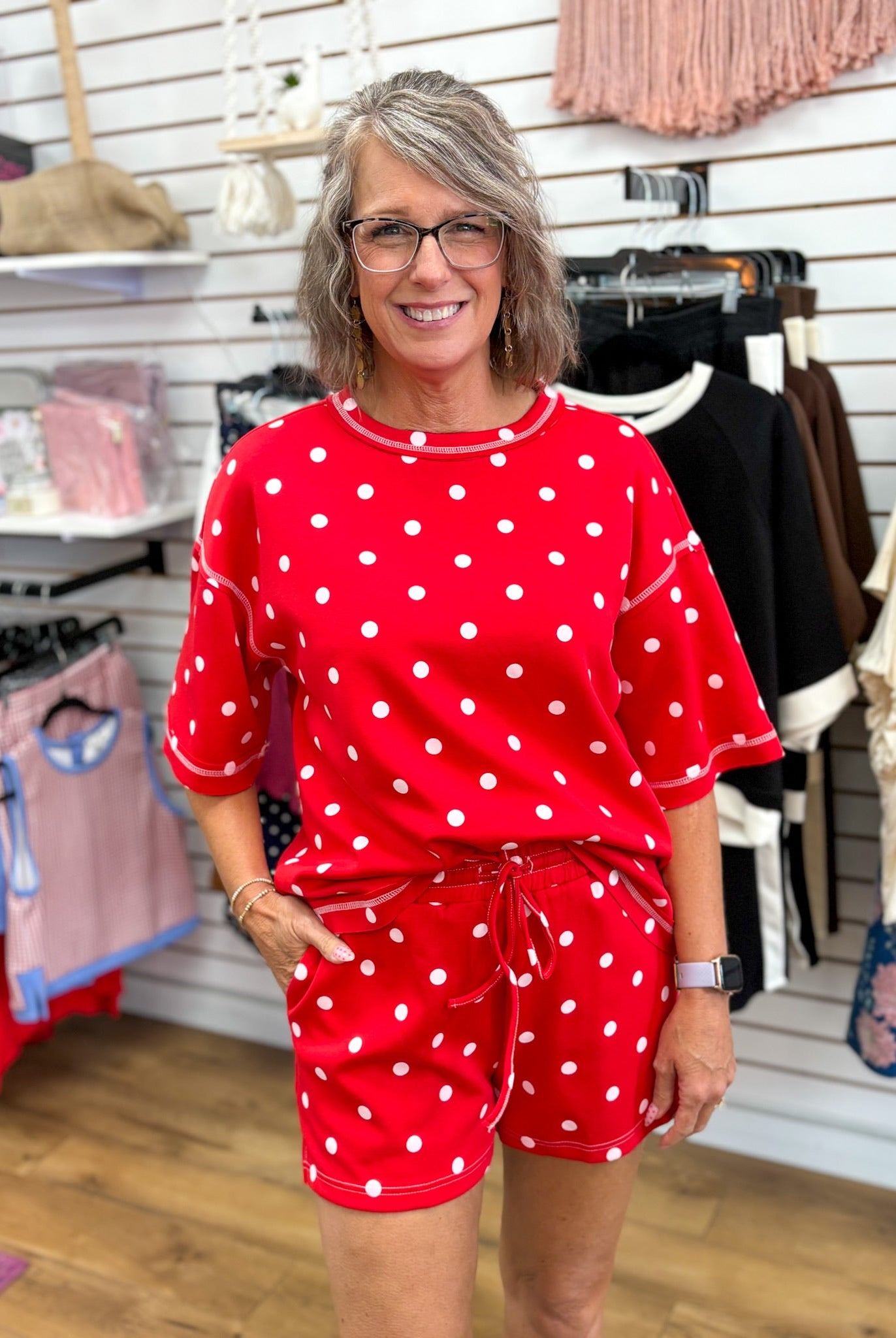 Red and White Polka Dot Heavy Scuba Top and Shorts Set - A'Bekah's Boutique