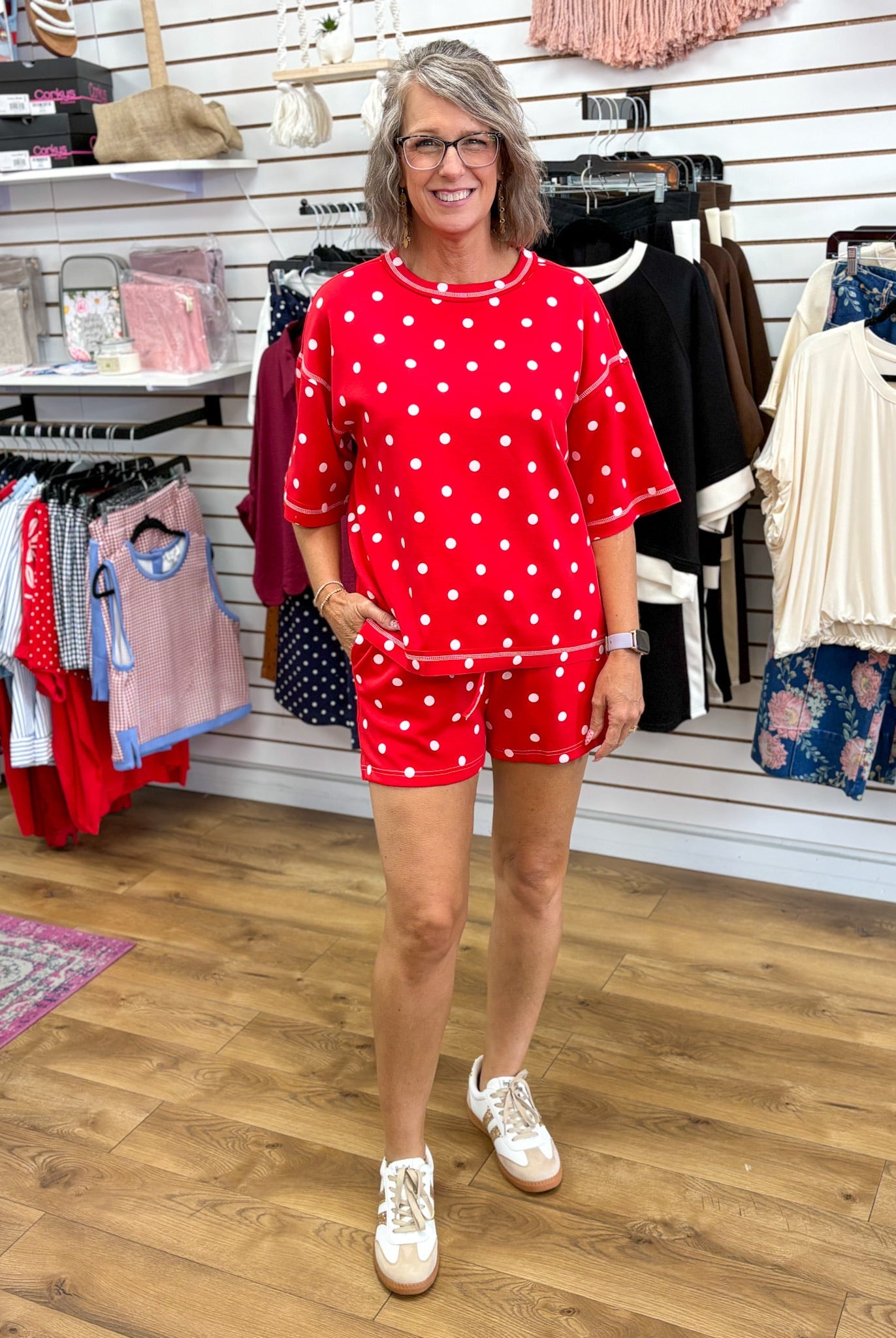 Red and White Polka Dot Heavy Scuba Top and Shorts Set - A'Bekah's Boutique