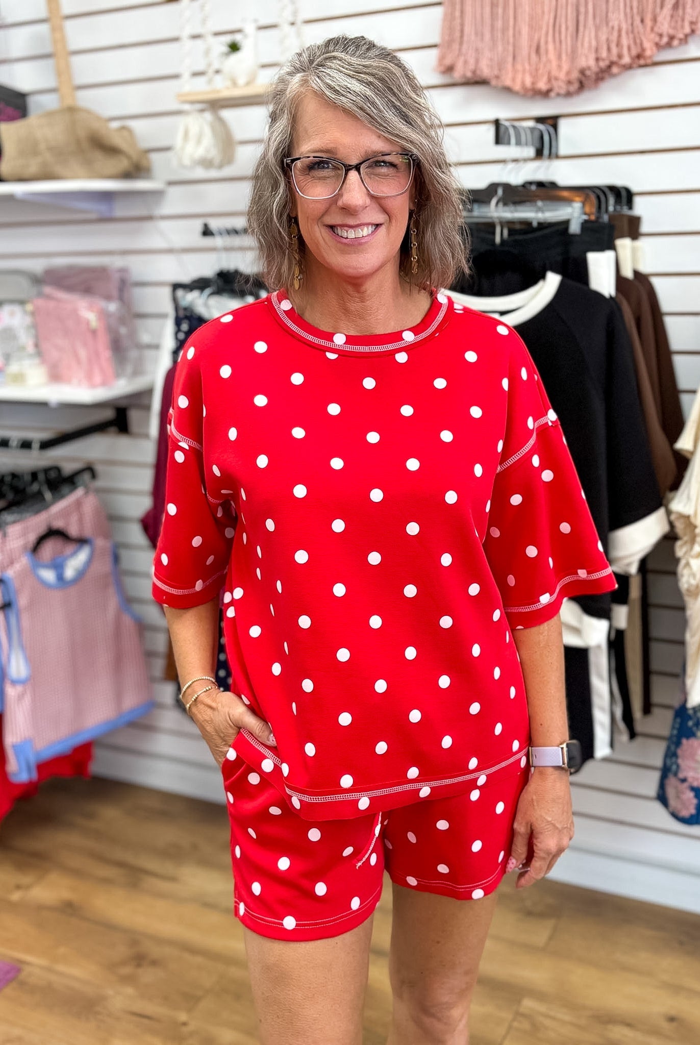 Red and White Polka Dot Heavy Scuba Top and Shorts Set - A'Bekah's Boutique