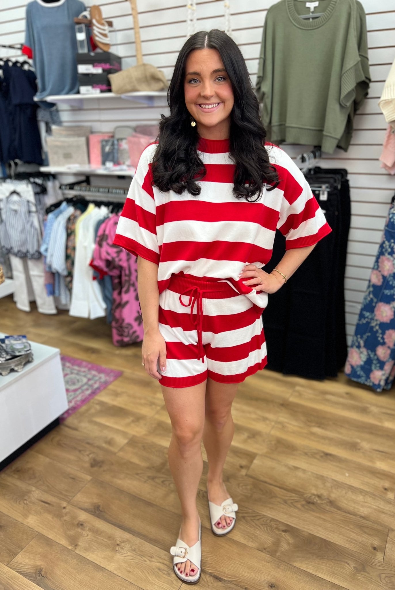 Red and White Striped Lightweight Sweater Short Set - A'Bekah's Boutique