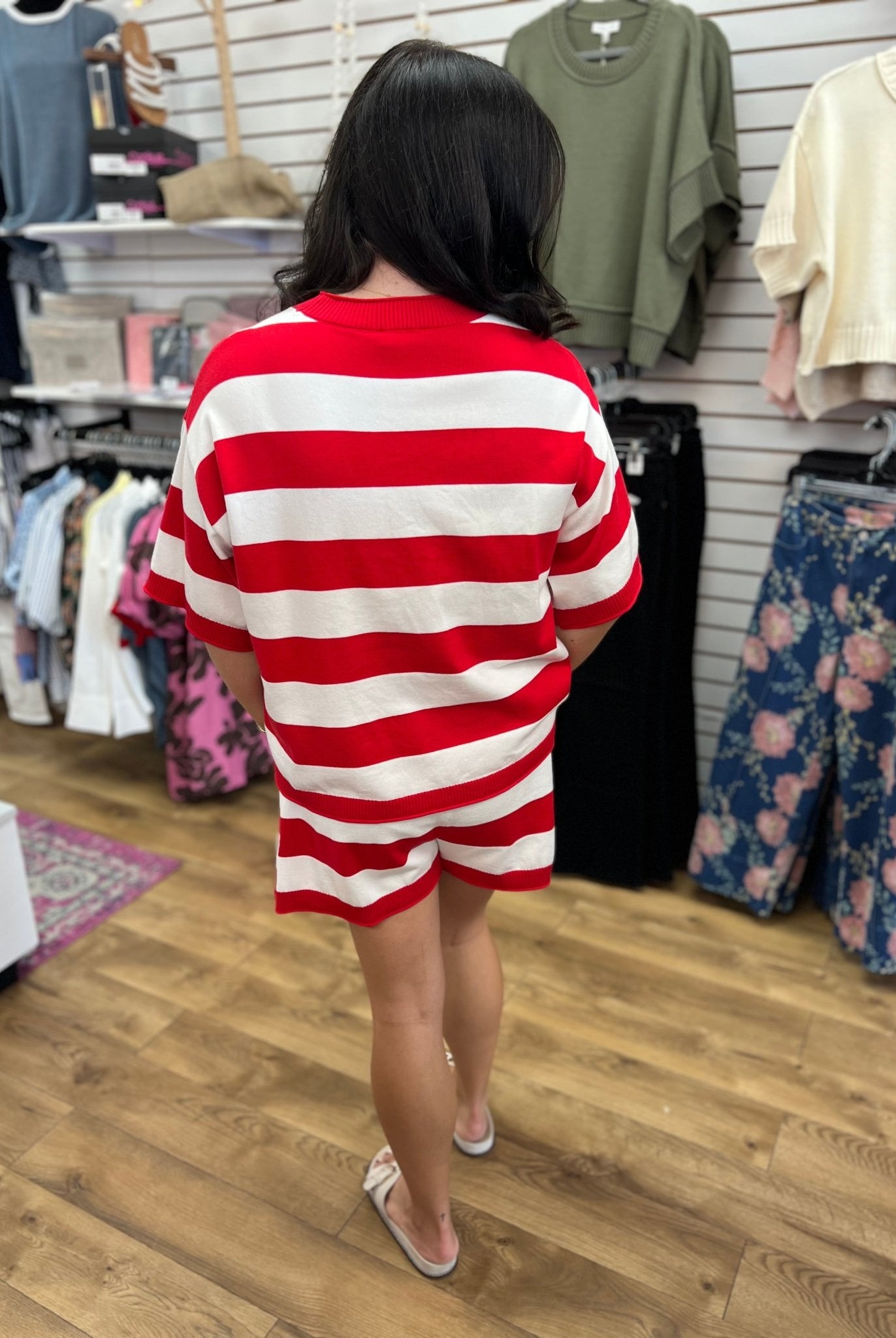 Red and White Striped Lightweight Sweater Short Set - A'Bekah's Boutique