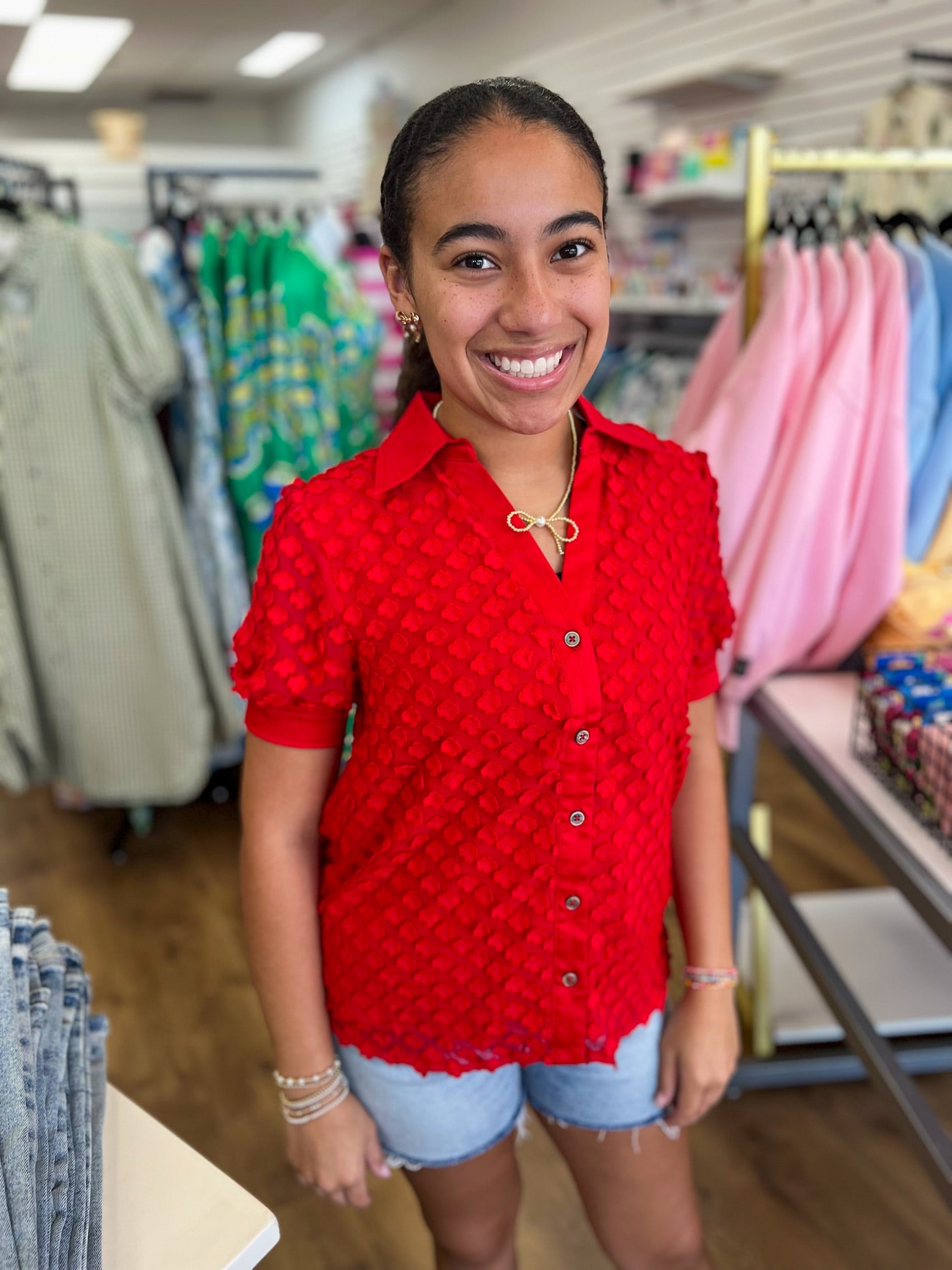 Red Button Down Top with 3D Appliques - A'Bekah's Boutique