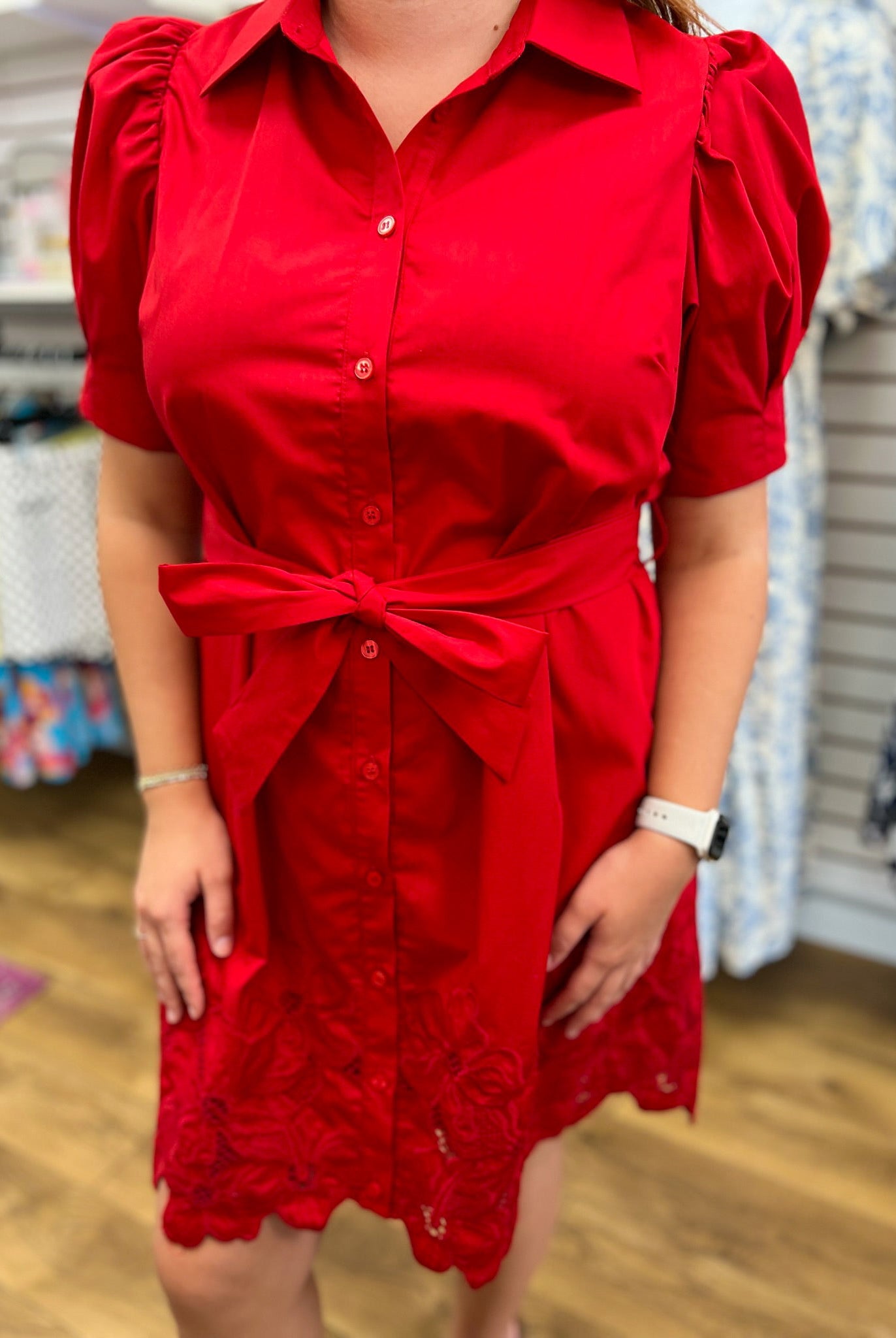 Red Button Front Dress with Short Puff Sleeves - A'Bekah's Boutique