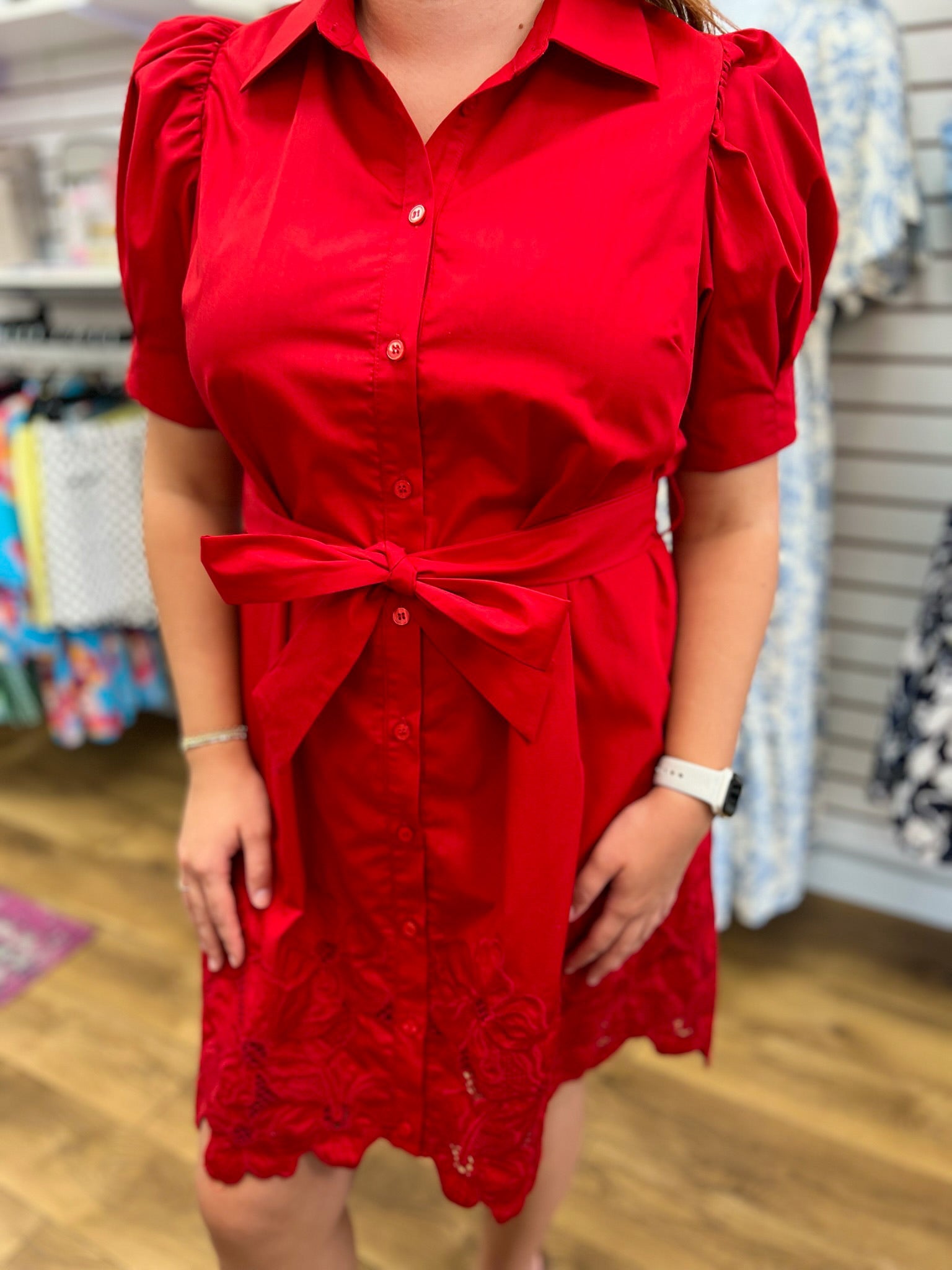 Red Button Front Dress with Short Puff Sleeves - A'Bekah's Boutique