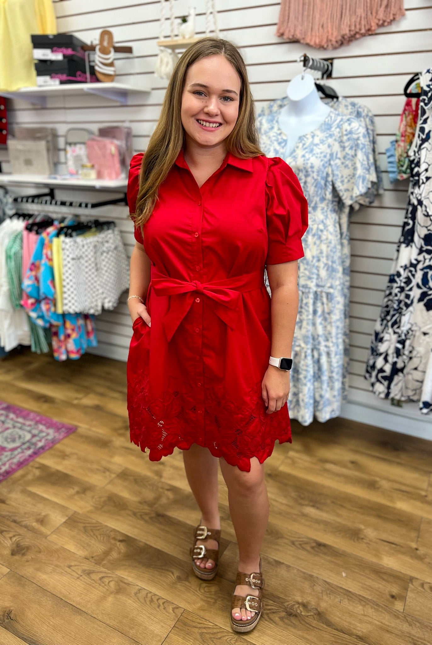 Red Button Front Dress with Short Puff Sleeves - A'Bekah's Boutique