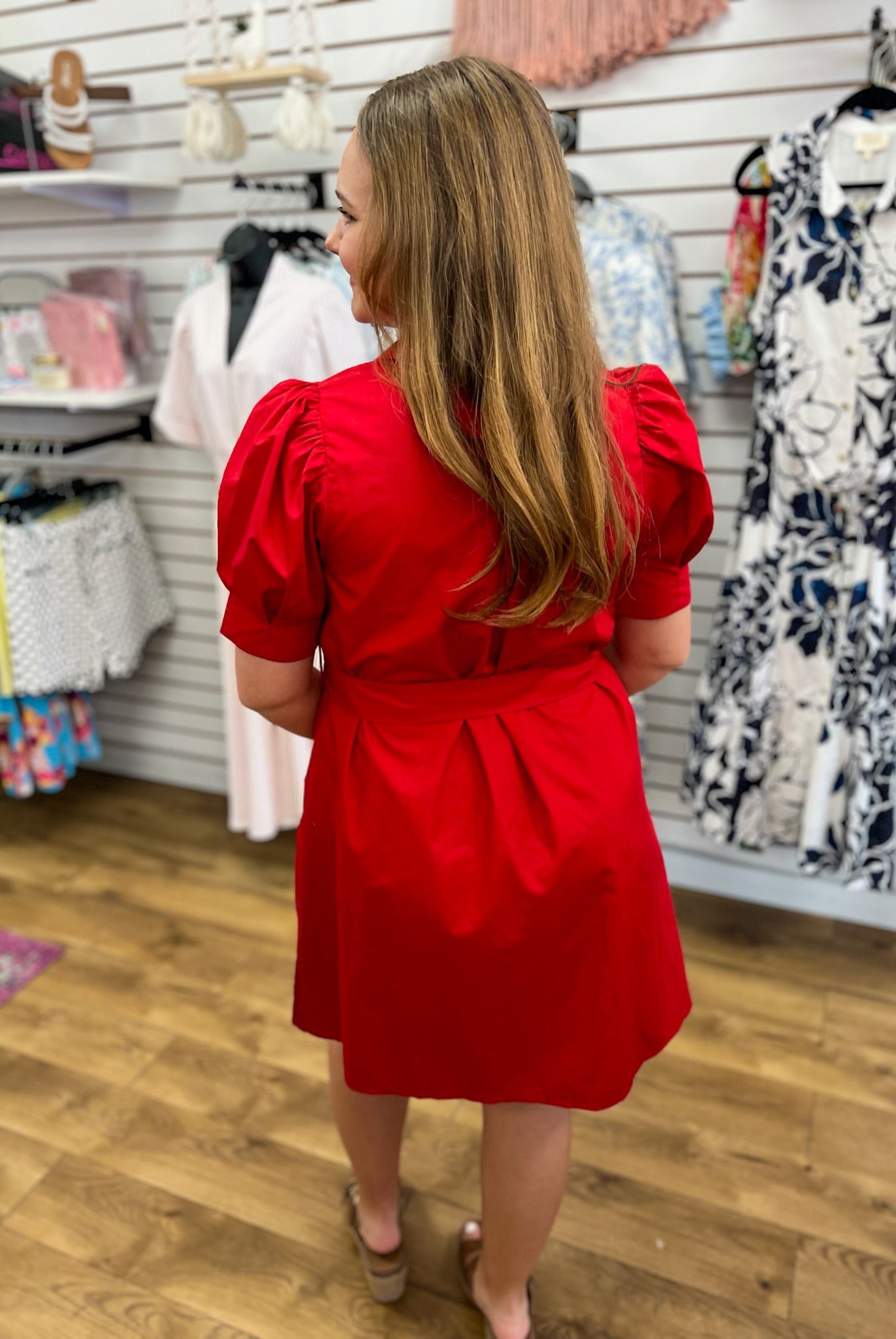 Red Button Front Dress with Short Puff Sleeves - A'Bekah's Boutique