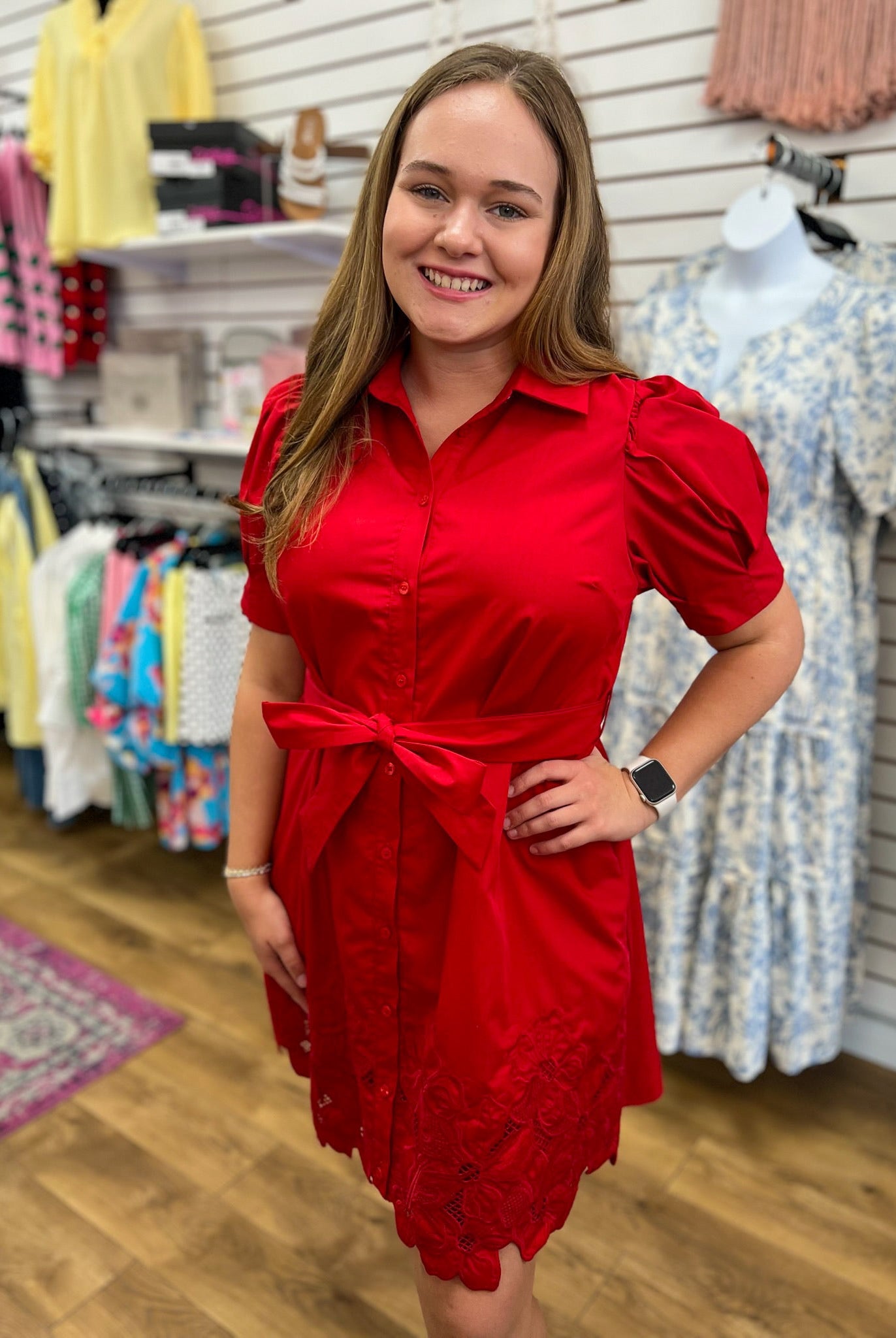 Red Button Front Dress with Short Puff Sleeves - A'Bekah's Boutique