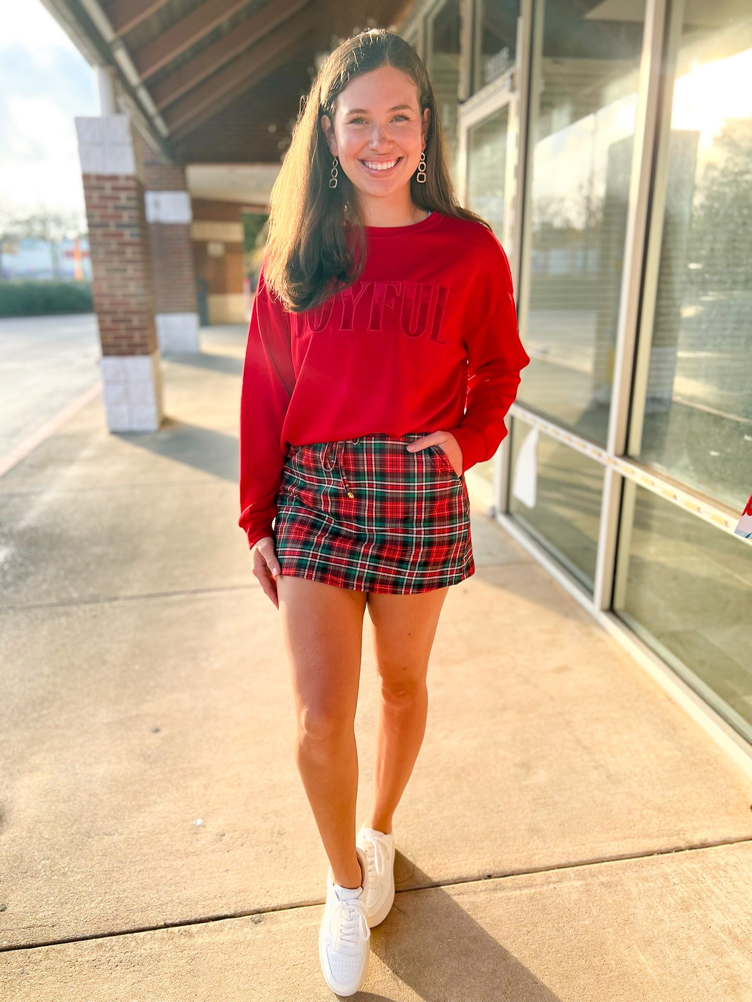 Red Christmas Plaid Skort with Elastic Waist and Pockets (C) - A'Bekah's Boutique