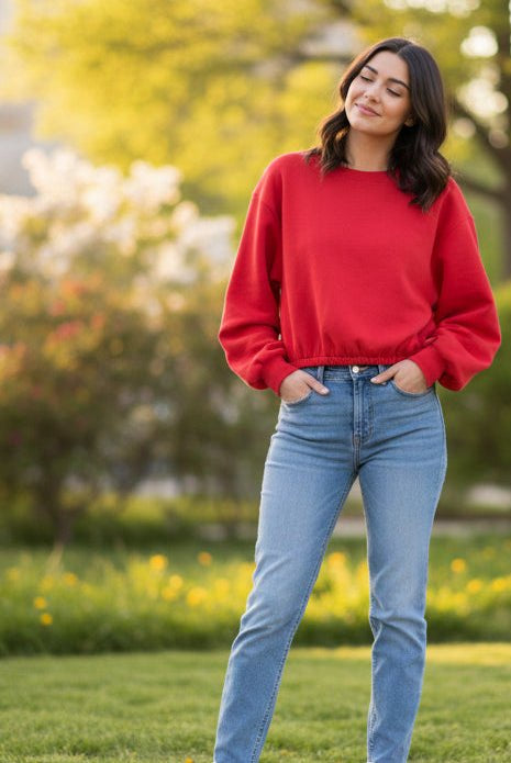 Red Cropped Long Sleeve Sweatshirt - A'Bekah's Boutique