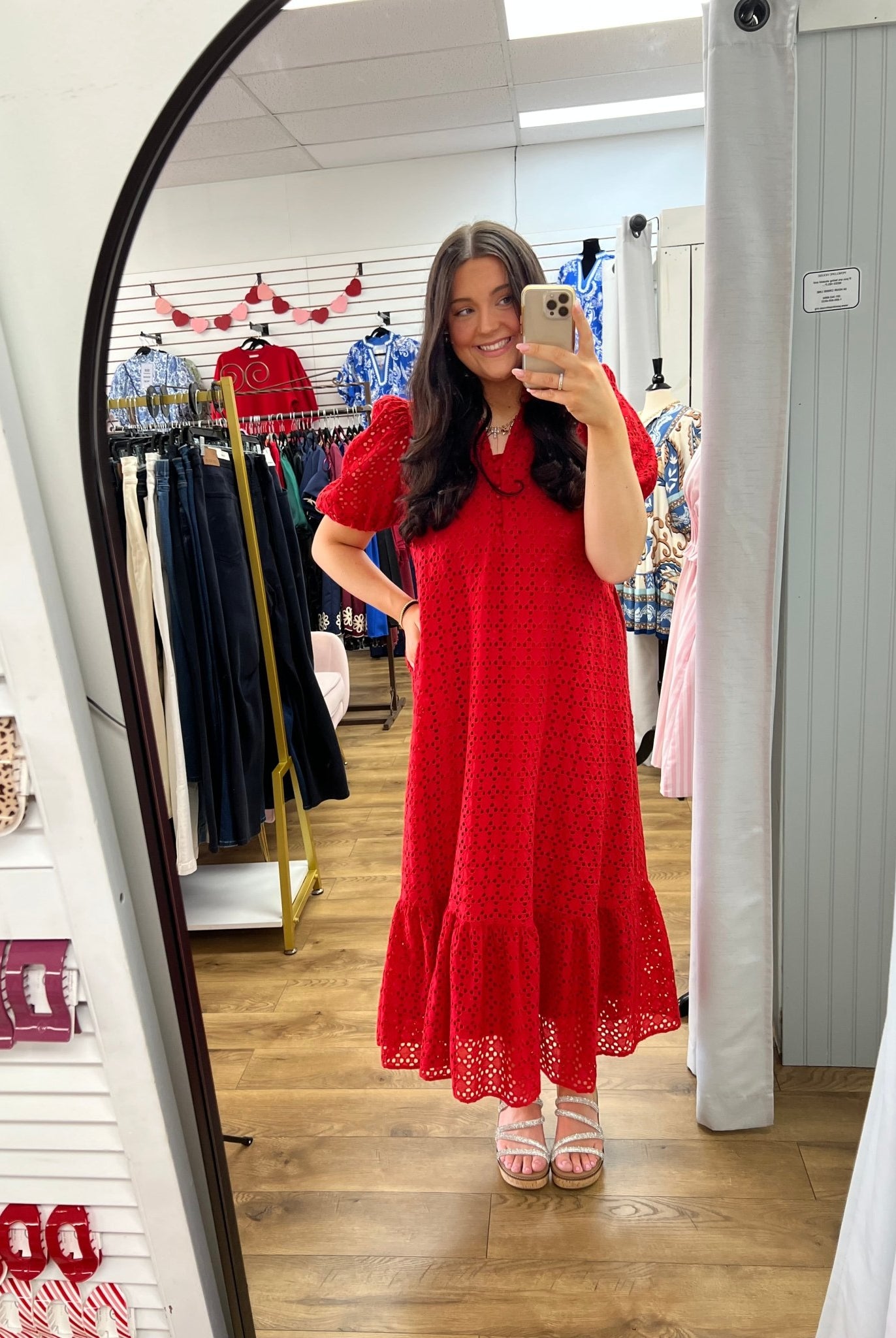 Red Eyelet V - Neck Midi Dress with Short Puff Sleeves - A'Bekah's Boutique