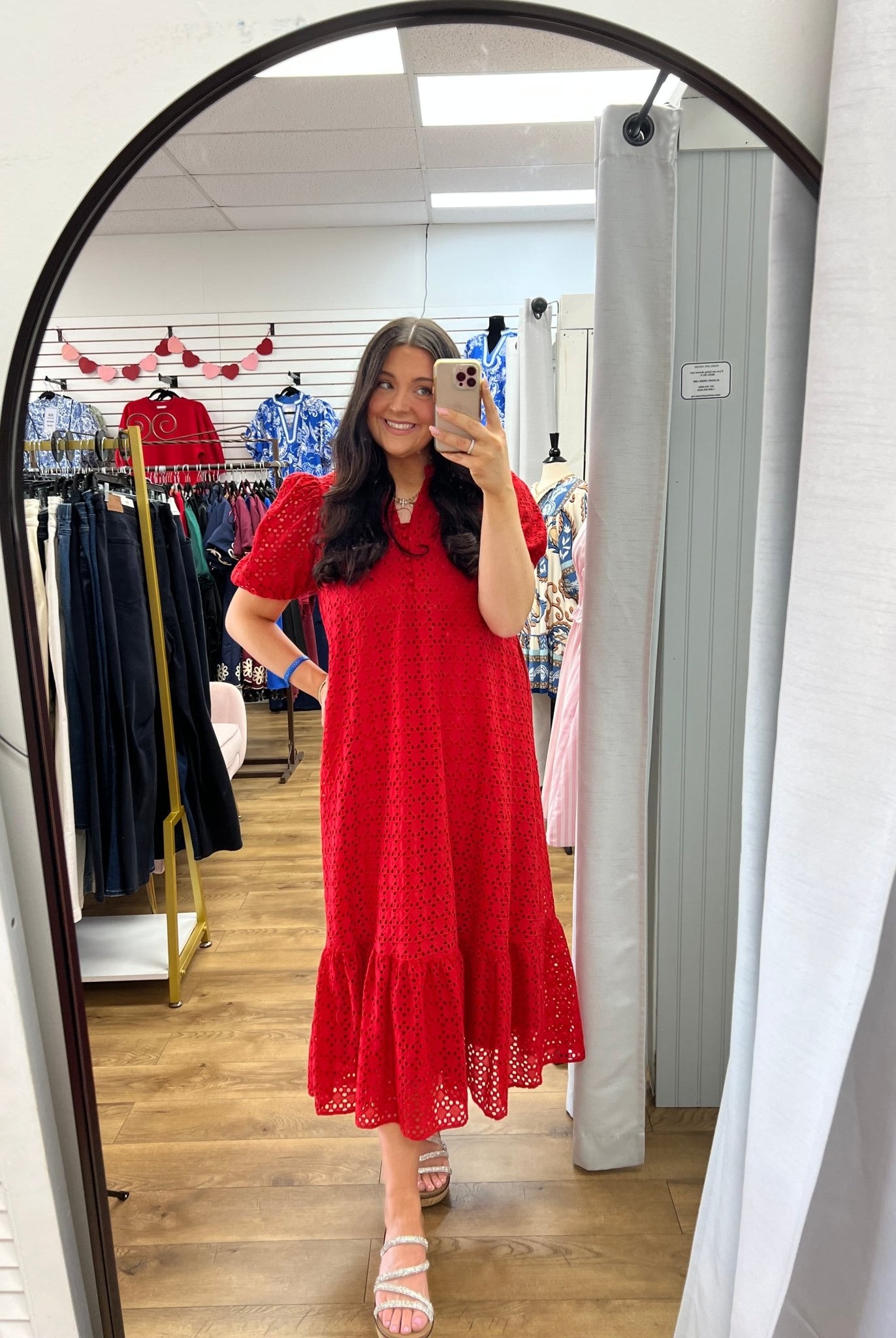 Red Eyelet V - Neck Midi Dress with Short Puff Sleeves - A'Bekah's Boutique