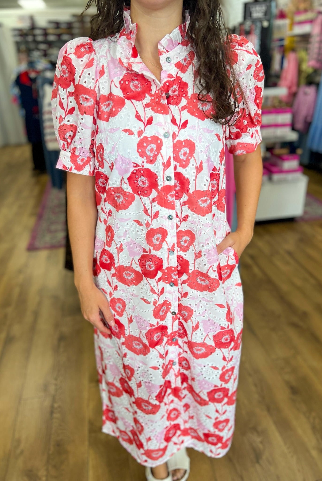 Red Floral Midi Dress with Short Puff Sleeves - A'Bekah's Boutique