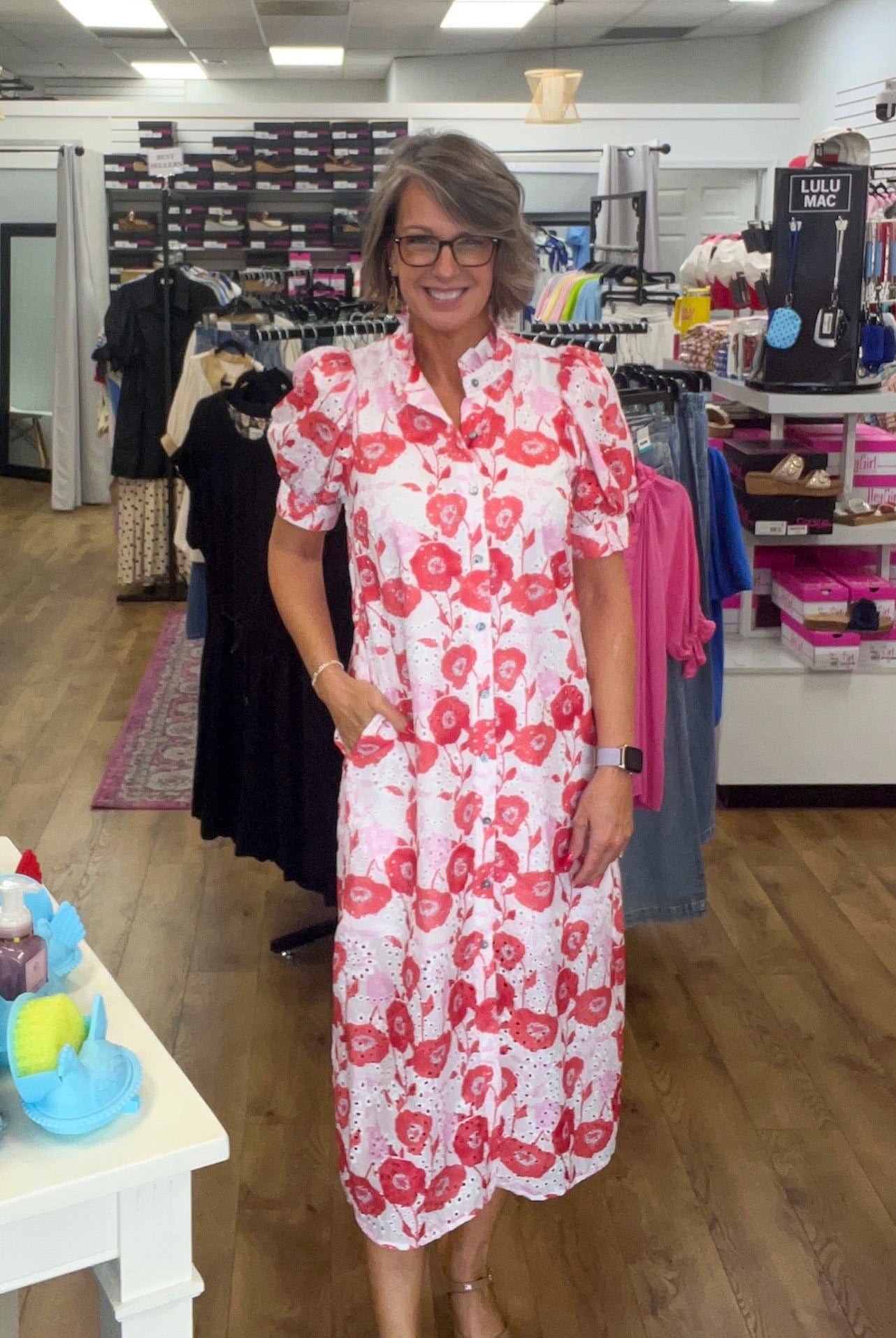 Red Floral Midi Dress with Short Puff Sleeves - A'Bekah's Boutique