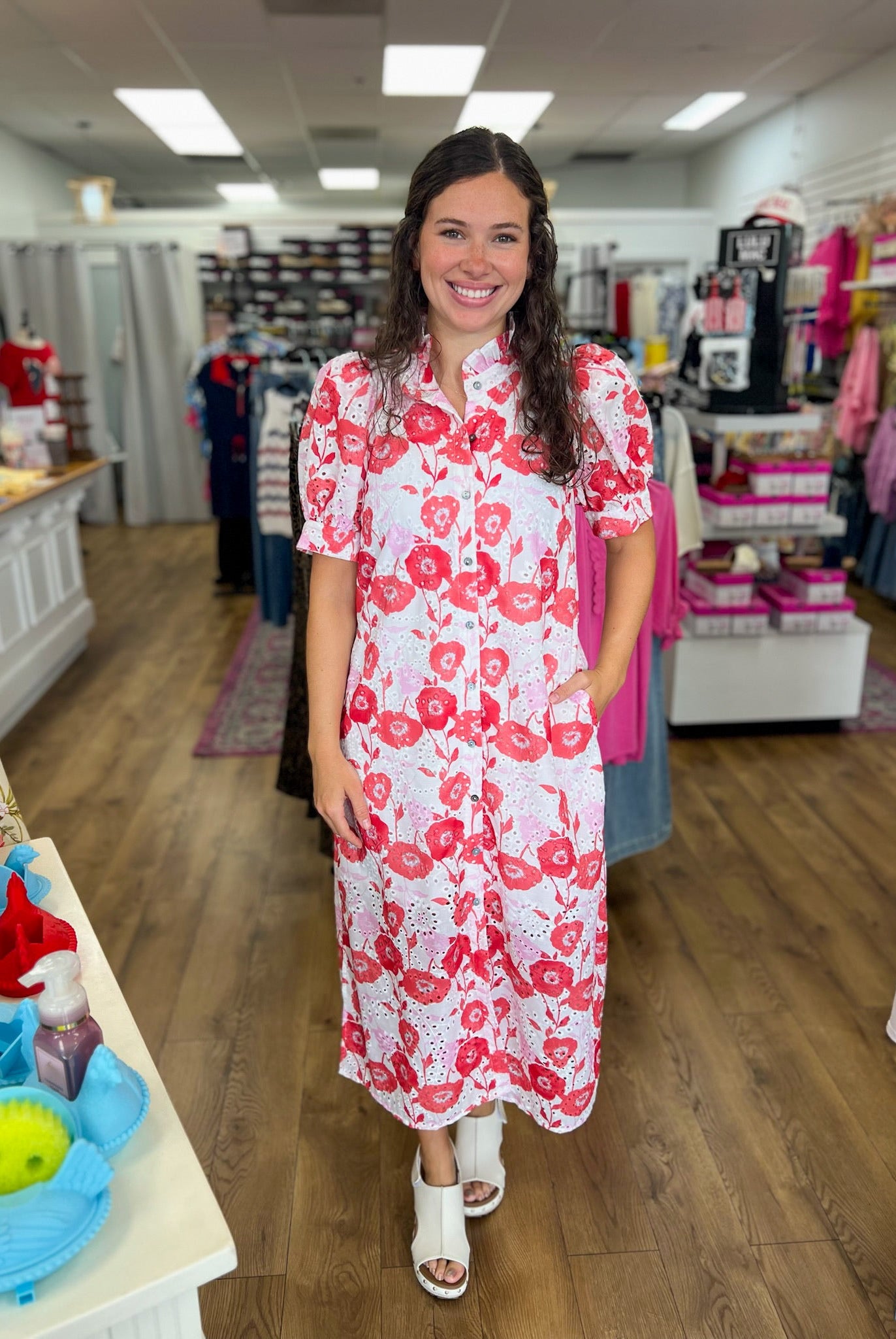Red Floral Midi Dress with Short Puff Sleeves - A'Bekah's Boutique