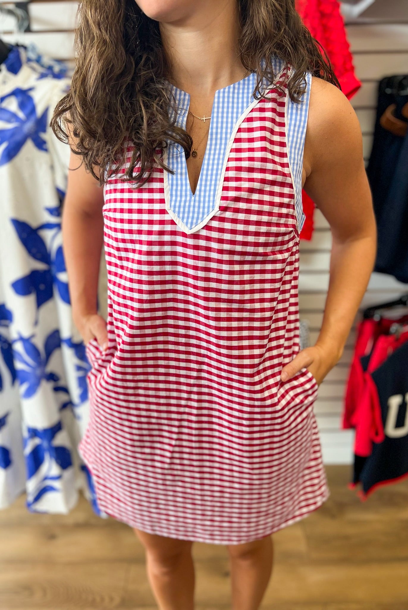 Red Gingham Dress with Blue Contrast Trim Details - A'Bekah's Boutique