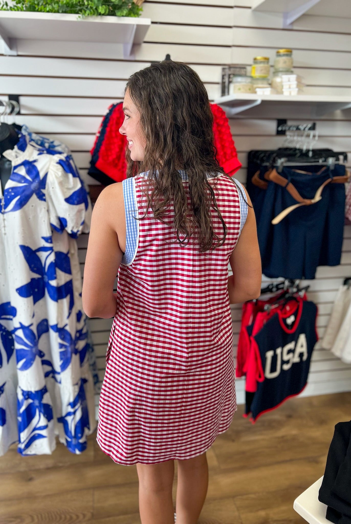 Red Gingham Dress with Blue Contrast Trim Details - A'Bekah's Boutique