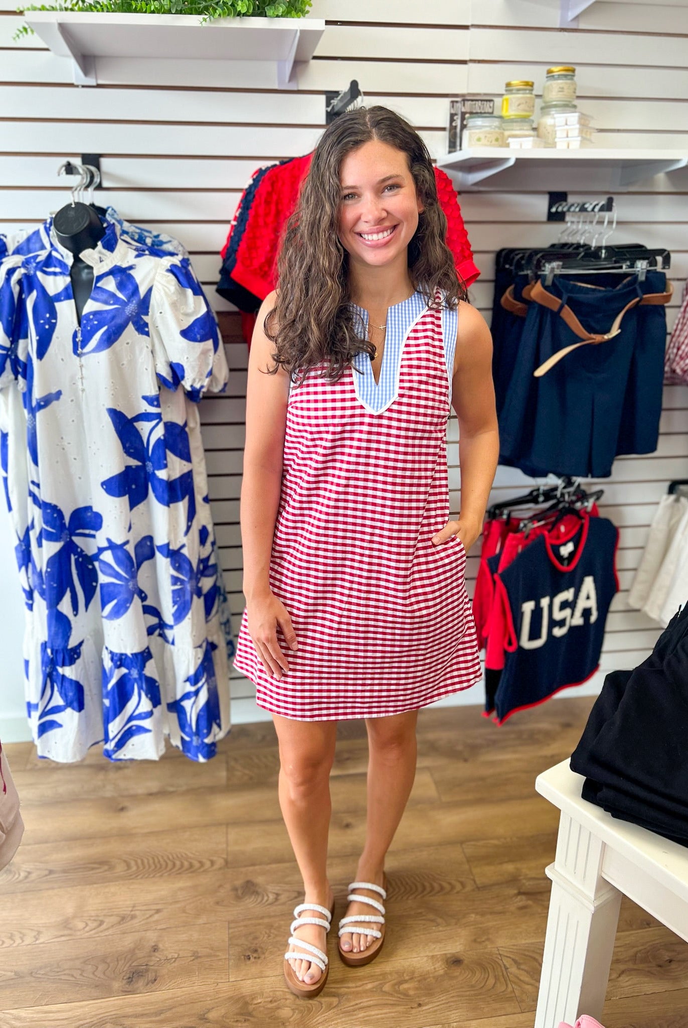 Red Gingham Dress with Blue Contrast Trim Details - A'Bekah's Boutique