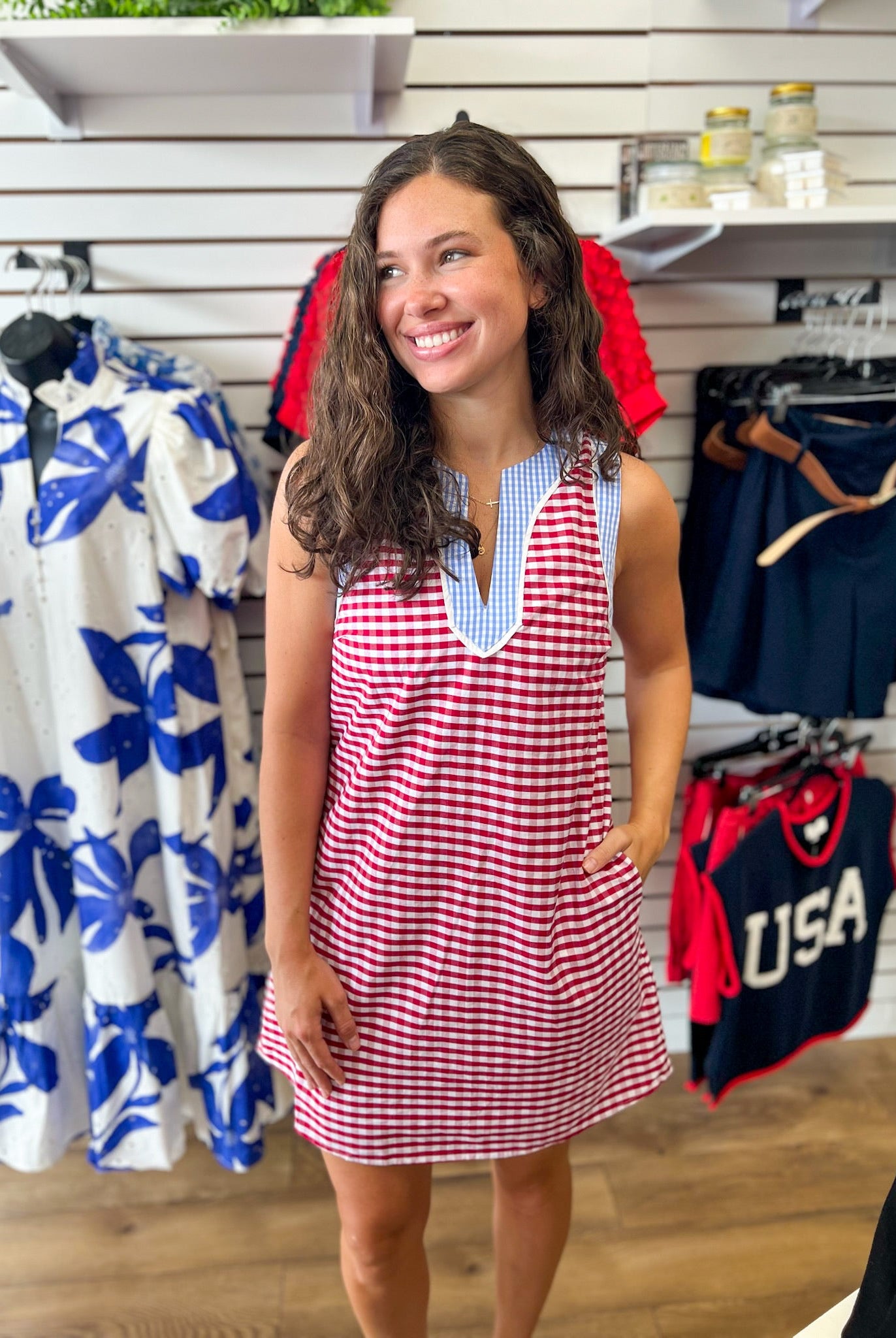 Red Gingham Dress with Blue Contrast Trim Details - A'Bekah's Boutique