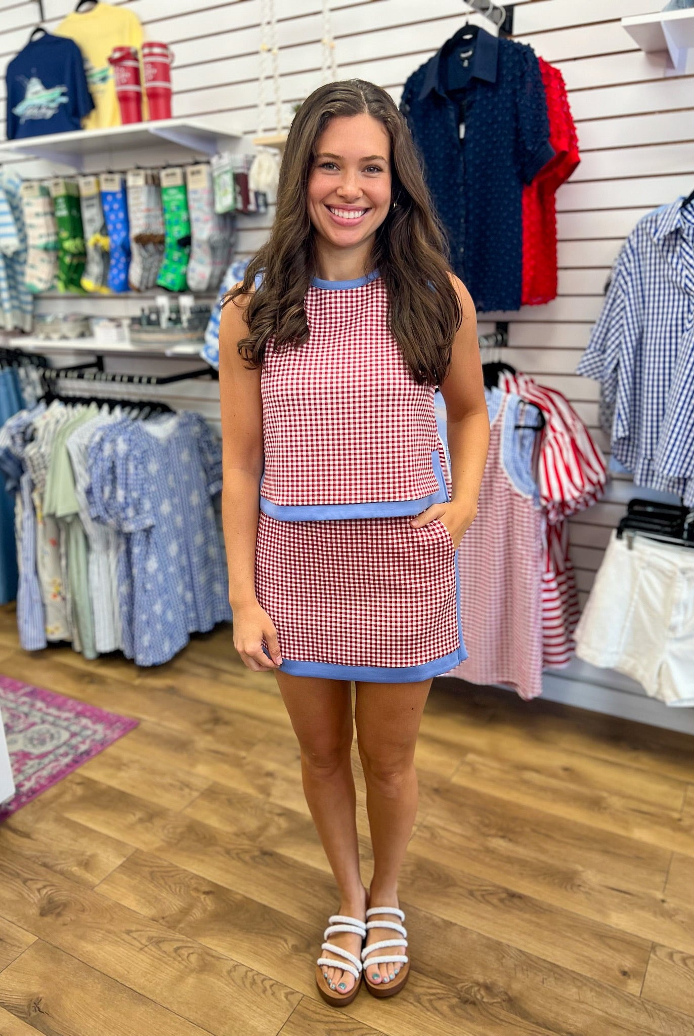 Red Gingham Sleeveless Skort Set with Pockets - A'Bekah's Boutique