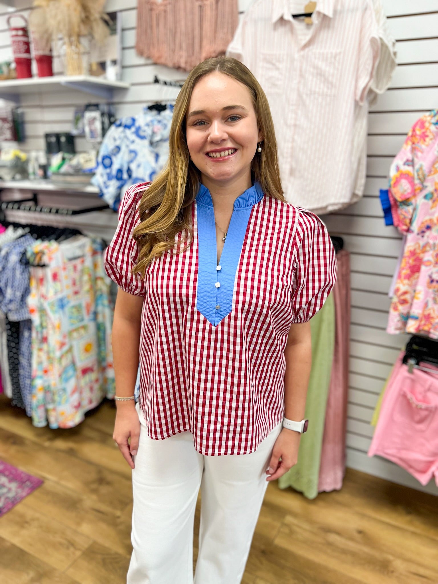 Red Gingham Top with Blue Contrast Placket Detail - A'Bekah's Boutique