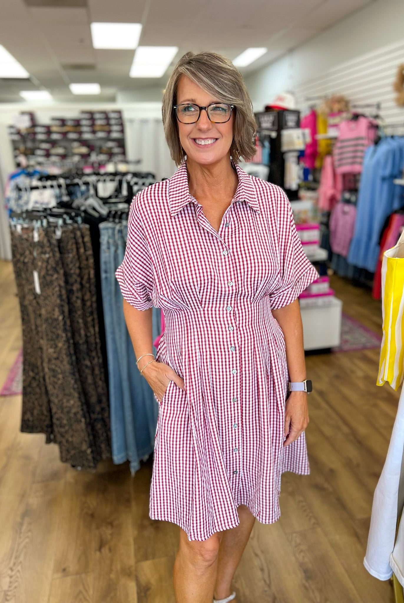 Red Gingham Waist Pintuck Dress with Pockets - A'Bekah's Boutique