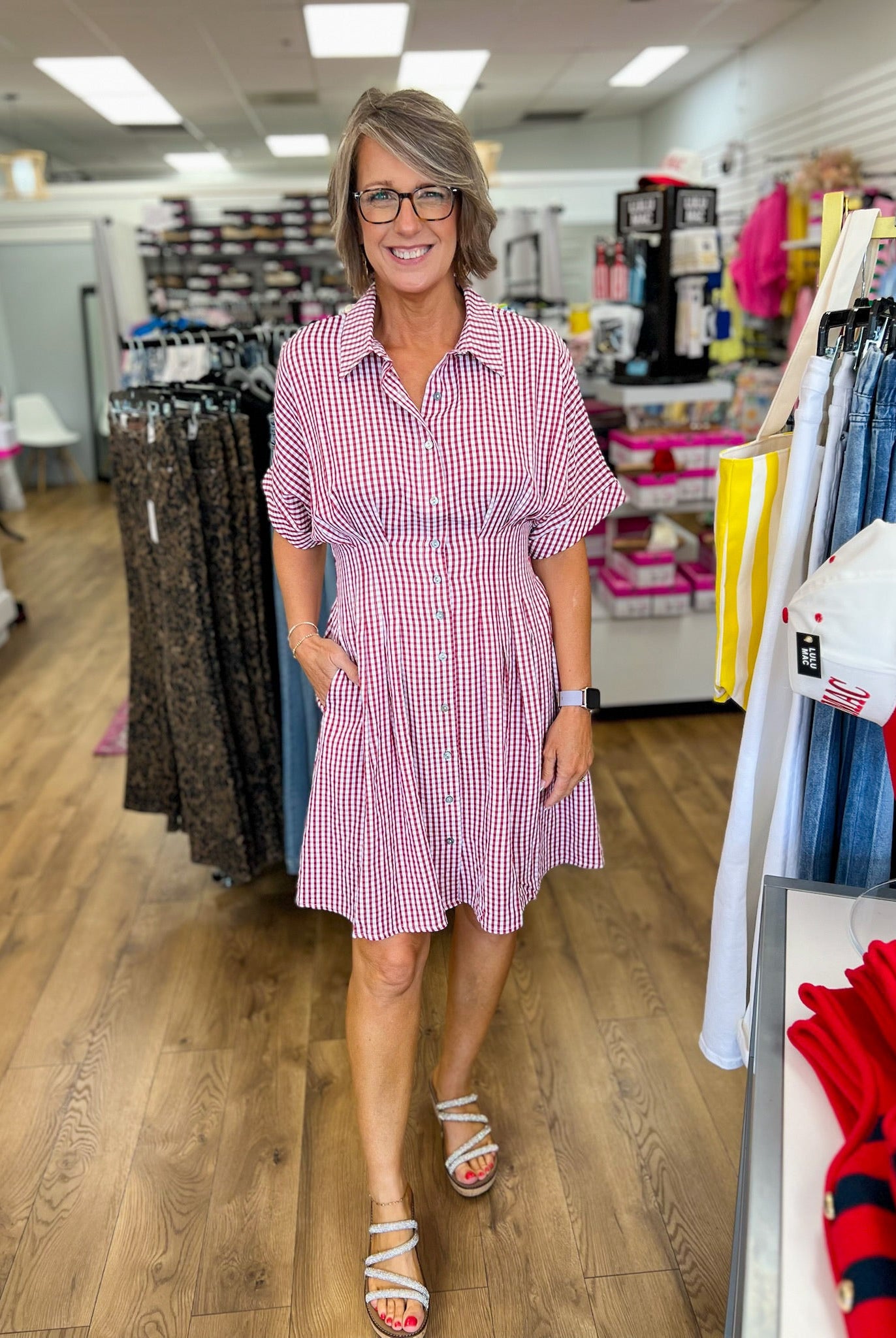 Red Gingham Waist Pintuck Dress with Pockets - A'Bekah's Boutique