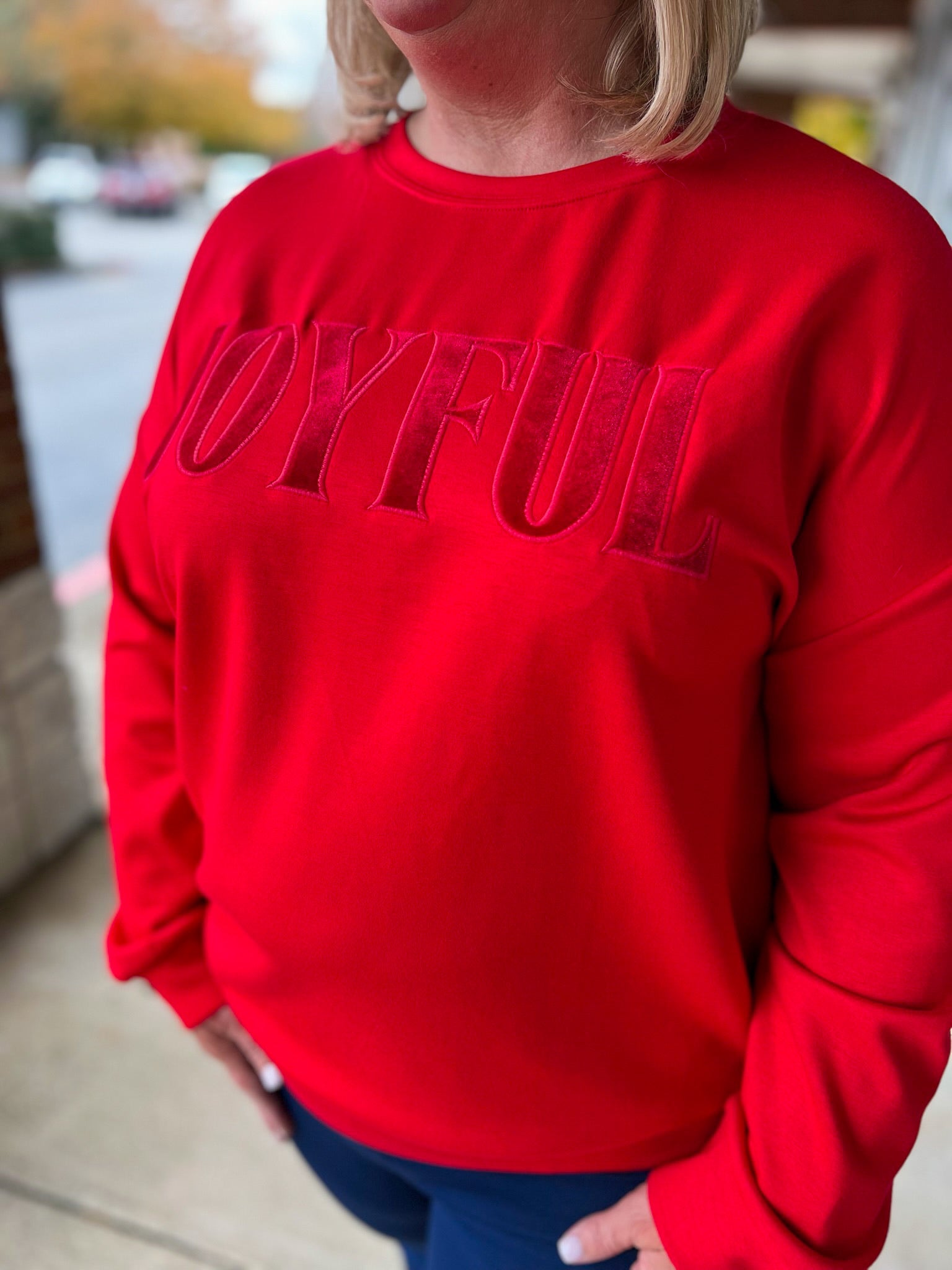 Red Joyful Velvet Patch Luxe Long Sleeve Pullover (C) - A'Bekah's Boutique