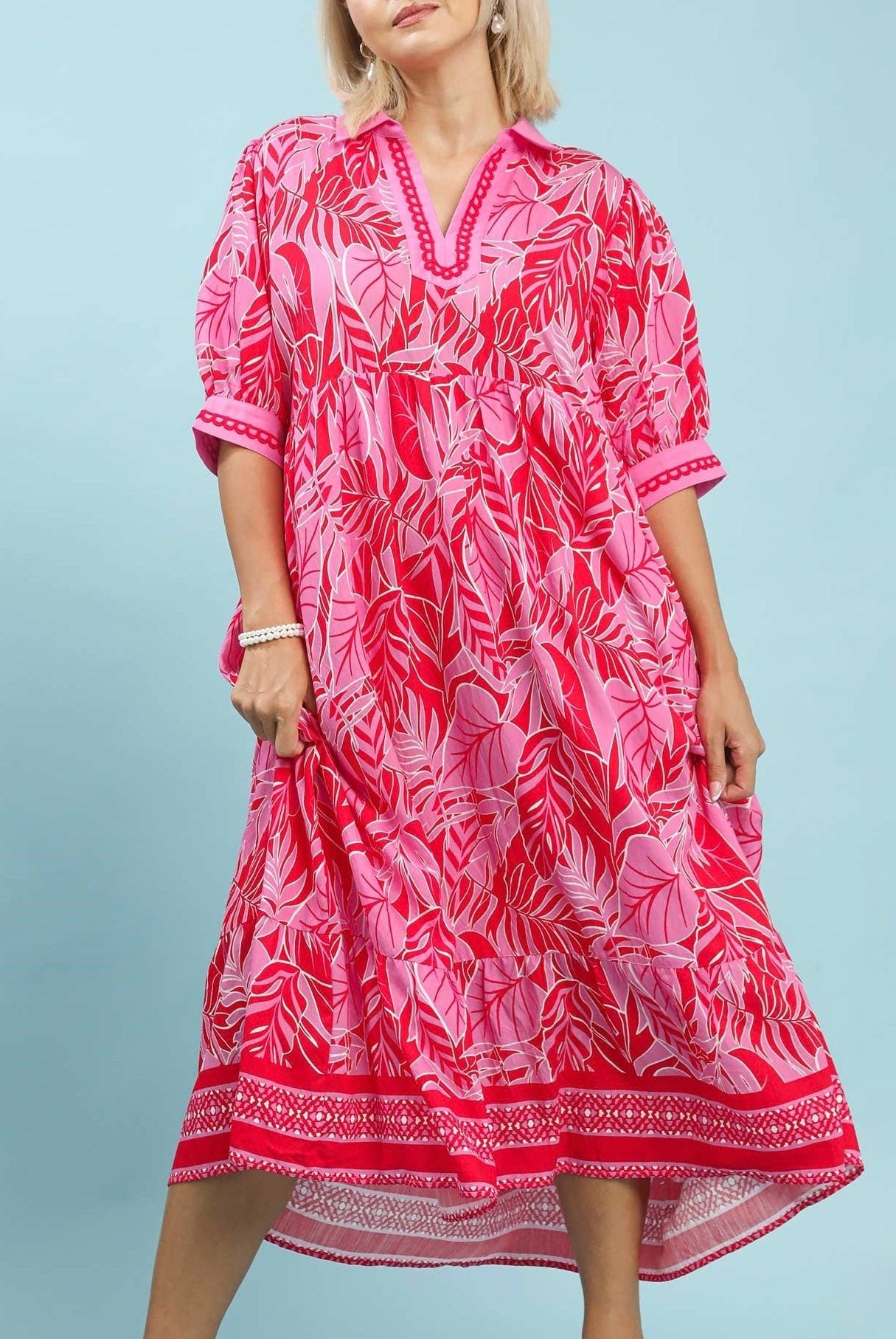 Red Leafy Print V - Neck 3/4 Sleeve Midi Dress - A'Bekah's Boutique