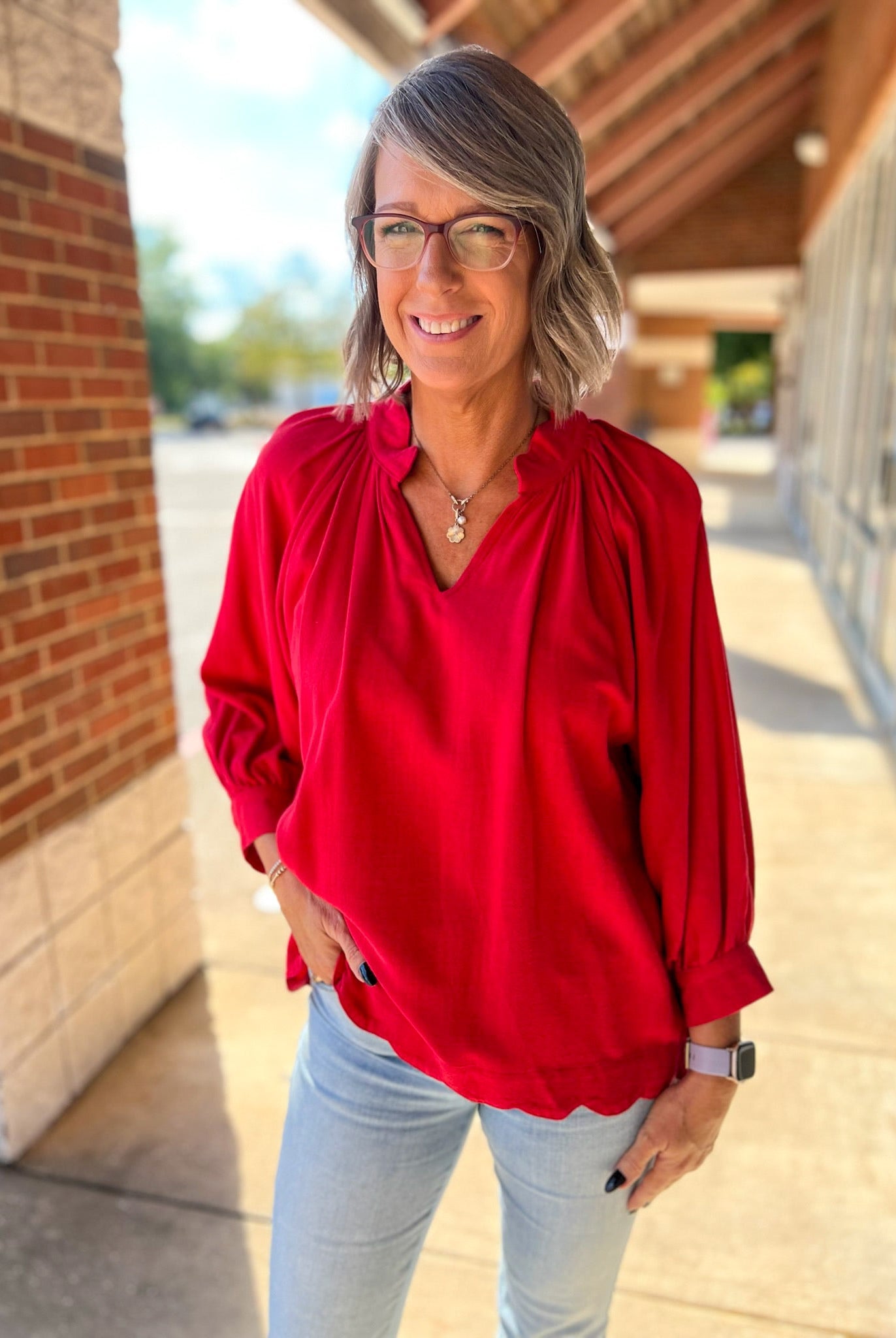 Red Linen Boho V - Neck Top with 3/4 Balloon Sleeves and Scalloped Hem - A'Bekah's Boutique