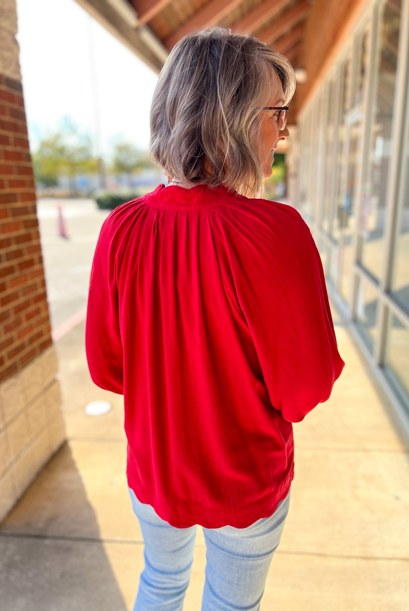 Red Linen Boho V - Neck Top with 3/4 Balloon Sleeves and Scalloped Hem - A'Bekah's Boutique