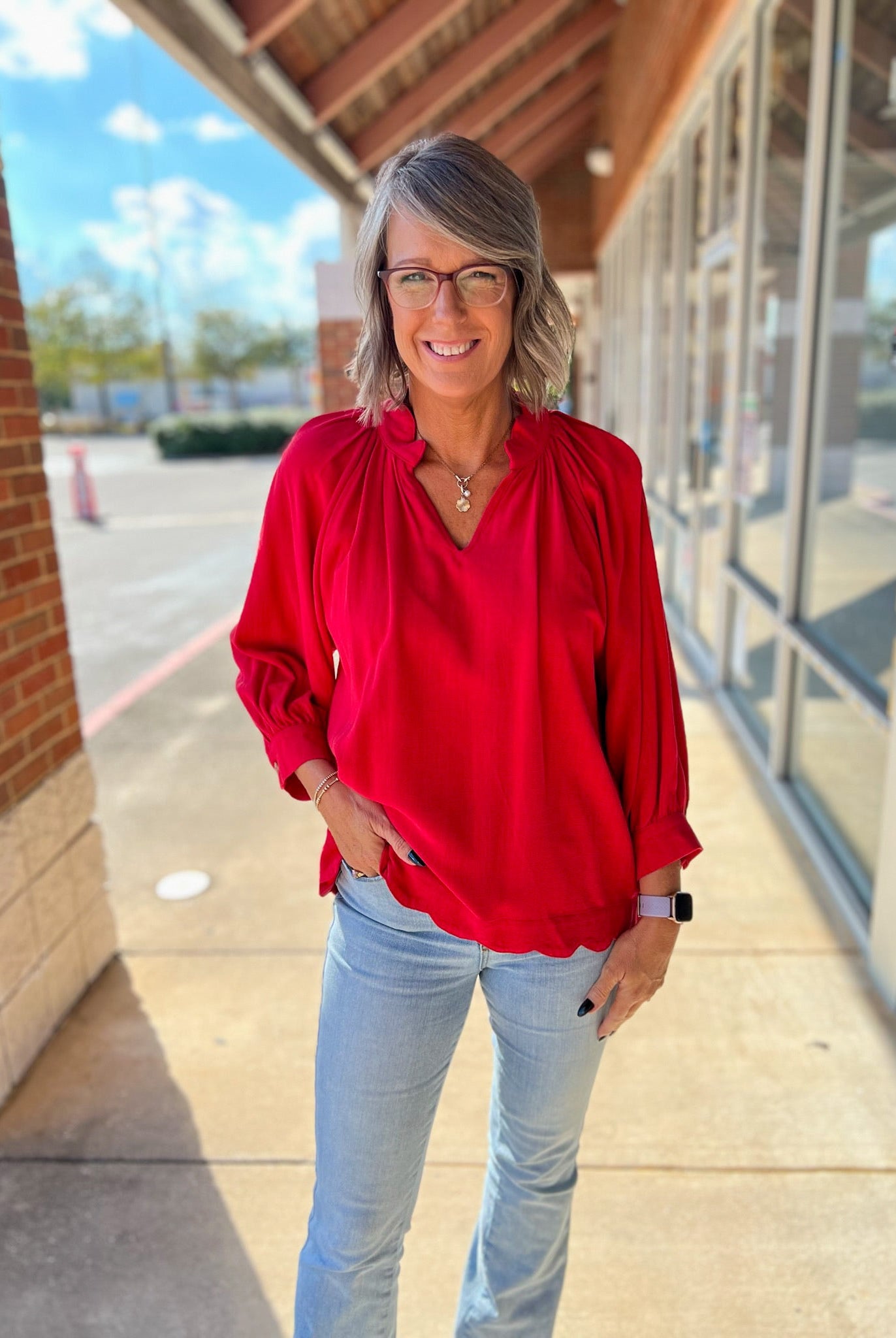 Red Linen Boho V - Neck Top with 3/4 Balloon Sleeves and Scalloped Hem - A'Bekah's Boutique