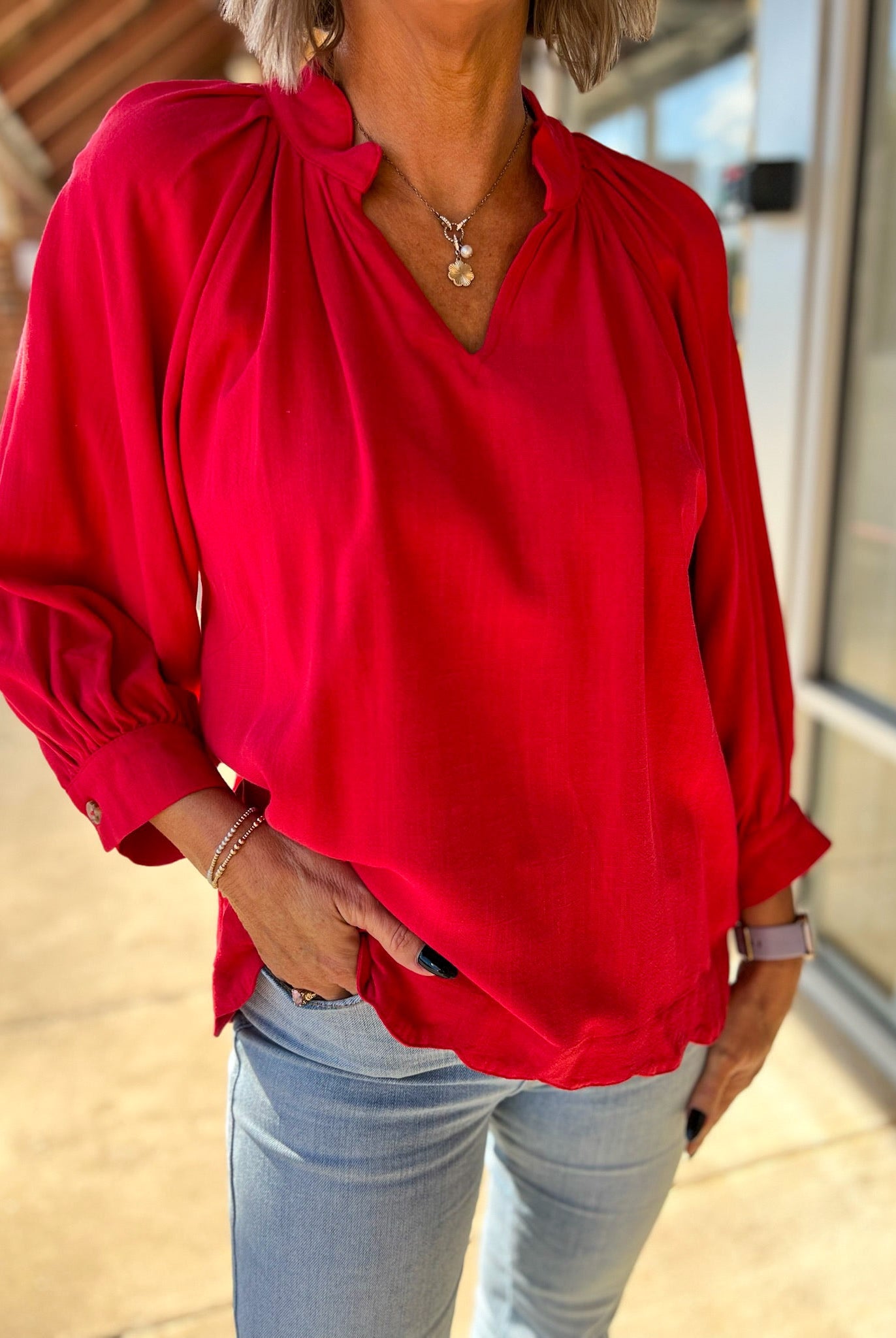 Red Linen Boho V - Neck Top with 3/4 Balloon Sleeves and Scalloped Hem - A'Bekah's Boutique