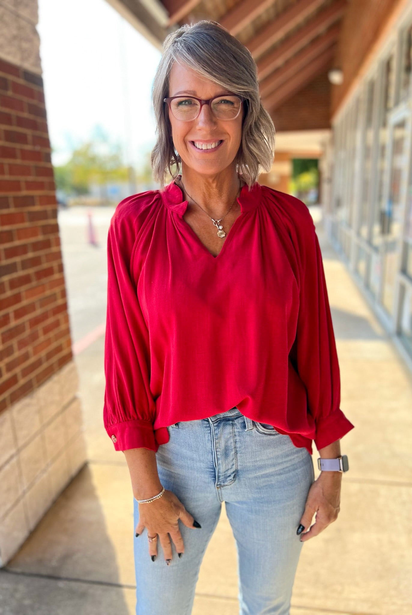 Red Linen Boho V - Neck Top with 3/4 Balloon Sleeves and Scalloped Hem - A'Bekah's Boutique