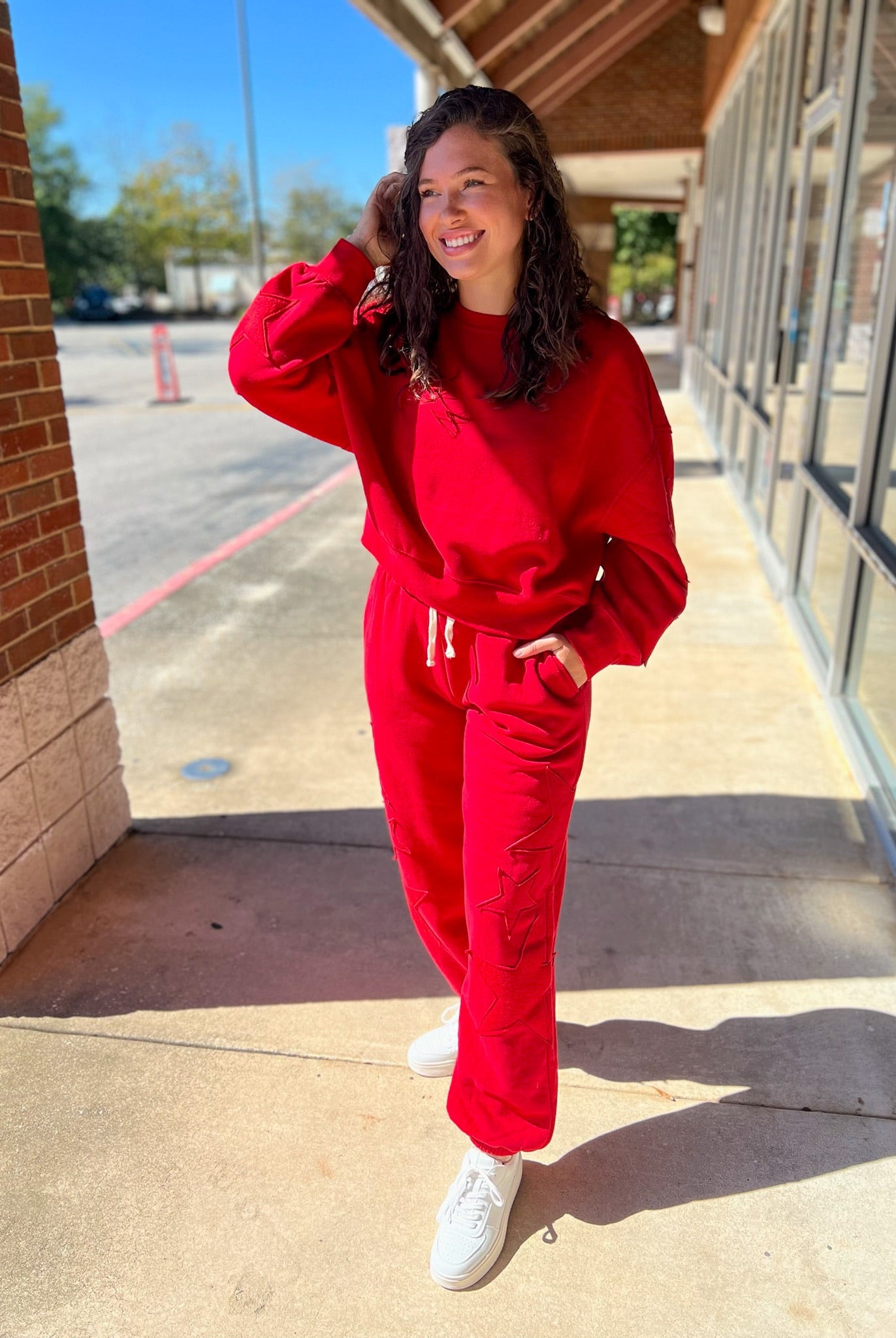Red Long Sweatsuit Set with Star Patch Details - A'Bekah's Boutique