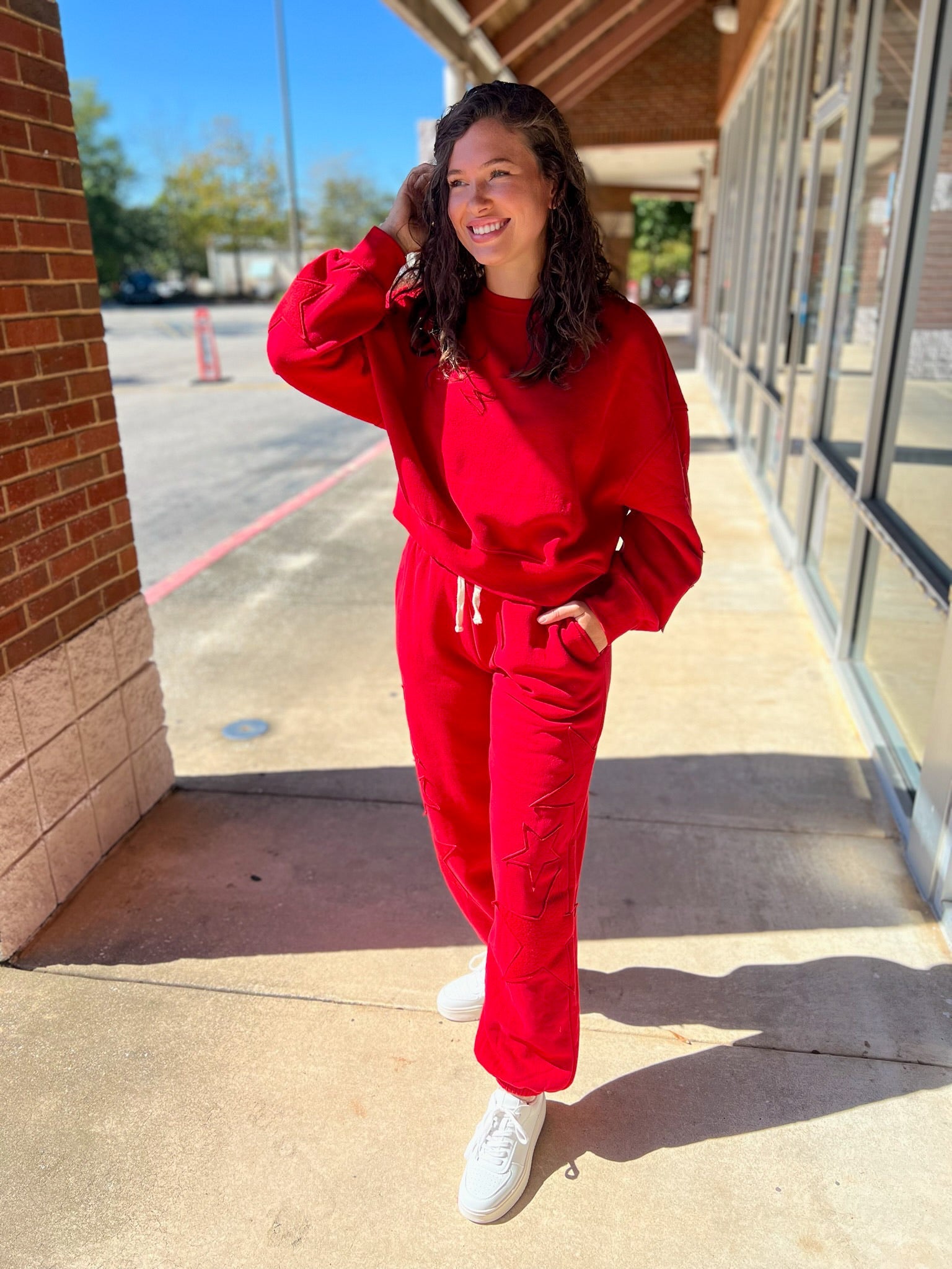 Red Long Sweatsuit Set with Star Patch Details - A'Bekah's Boutique