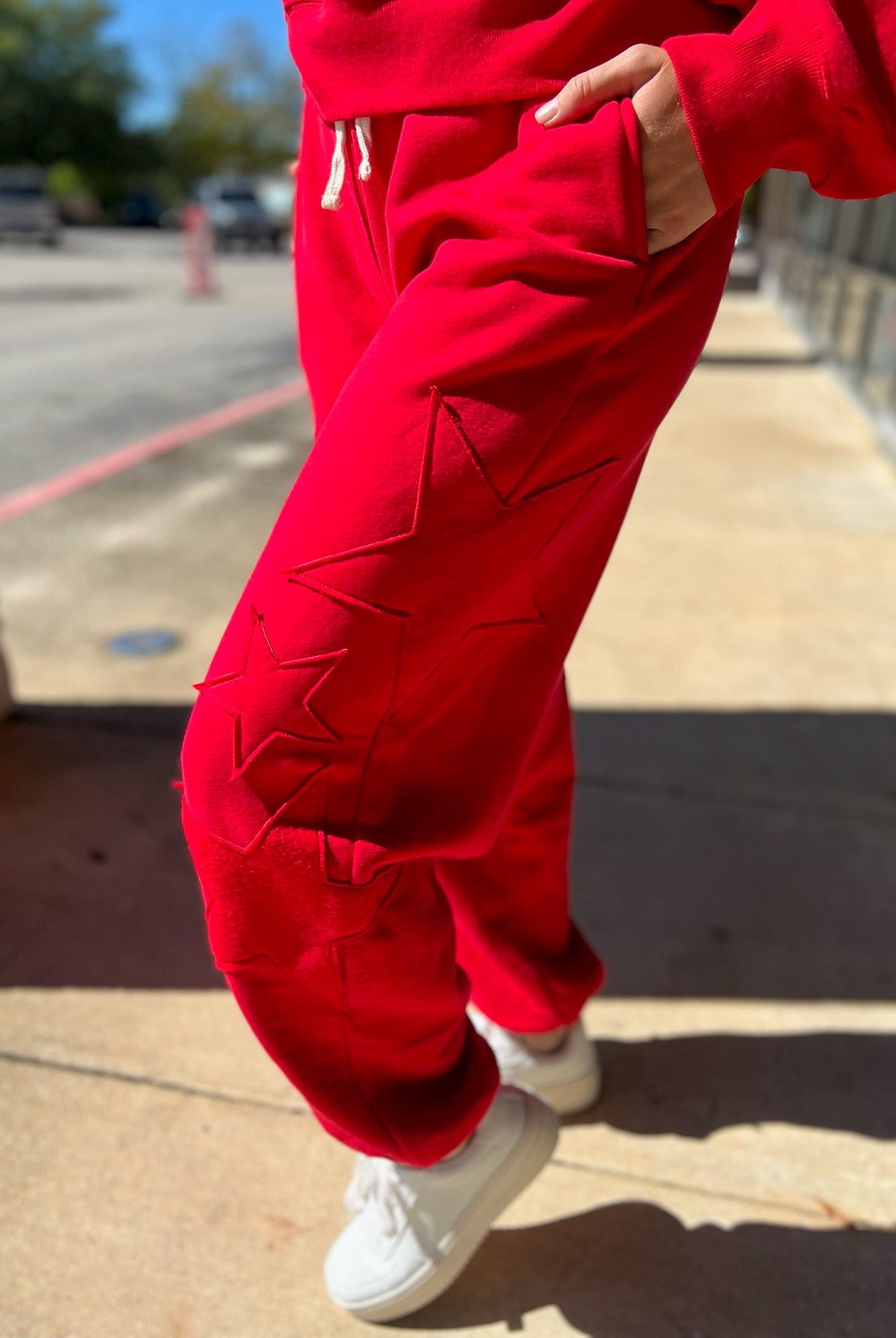 Red Long Sweatsuit Set with Star Patch Details - A'Bekah's Boutique