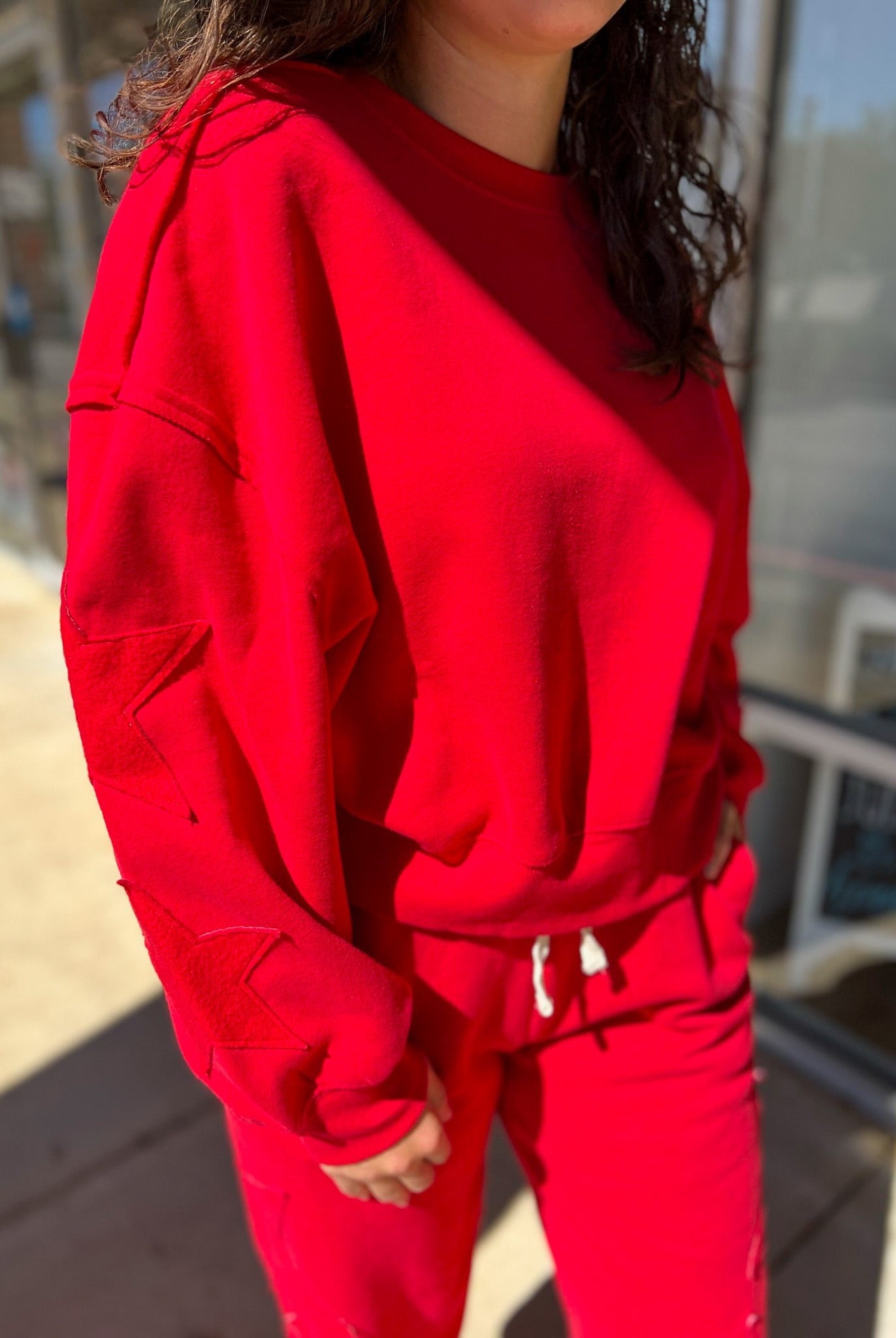 Red Long Sweatsuit Set with Star Patch Details - A'Bekah's Boutique