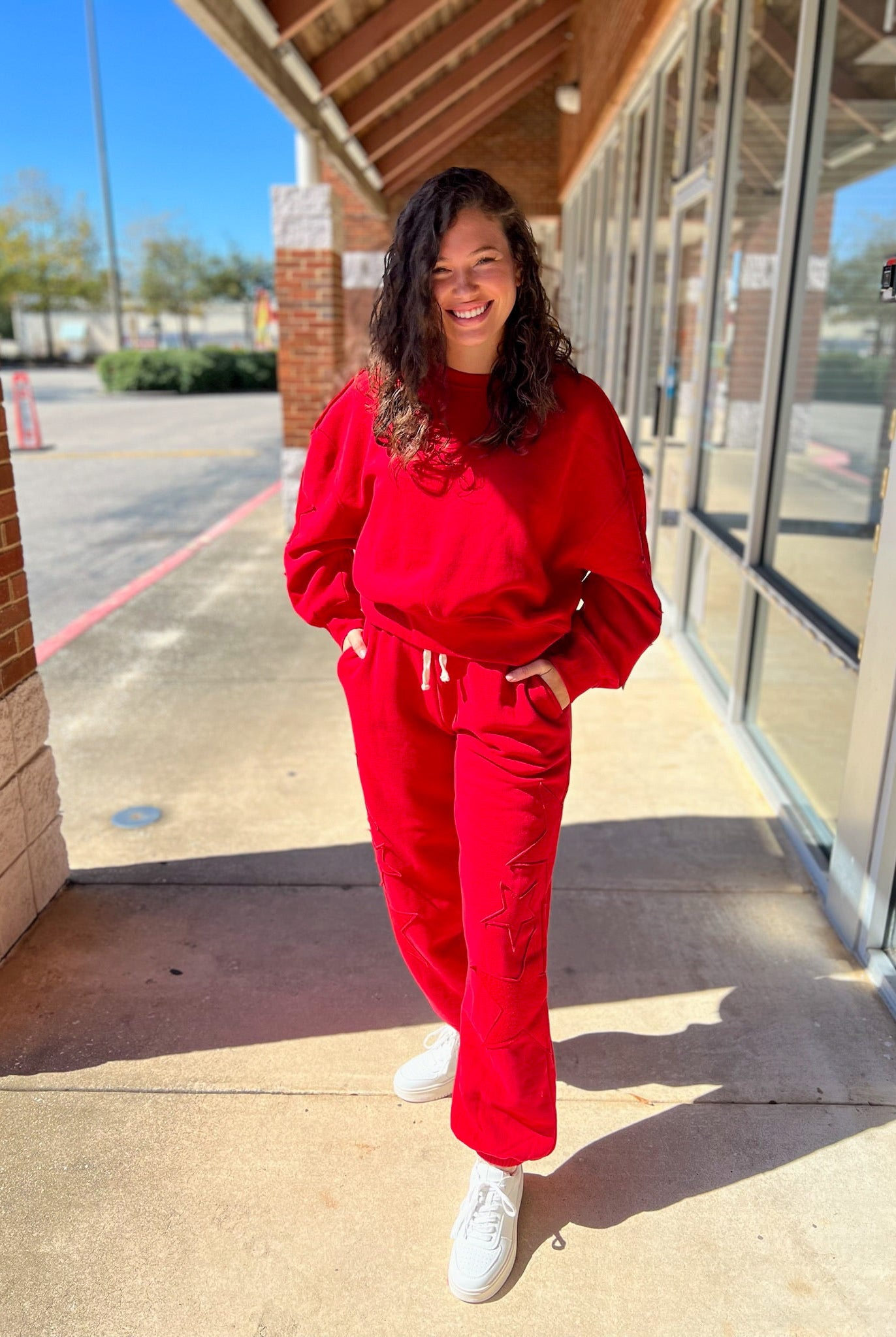 Red Long Sweatsuit Set with Star Patch Details - A'Bekah's Boutique