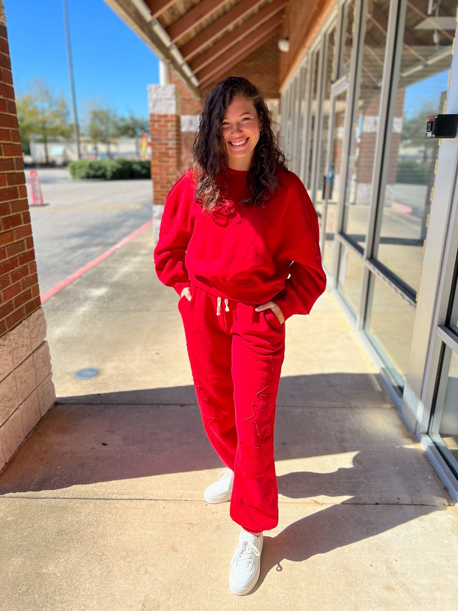 Red Long Sweatsuit Set with Star Patch Details - A'Bekah's Boutique