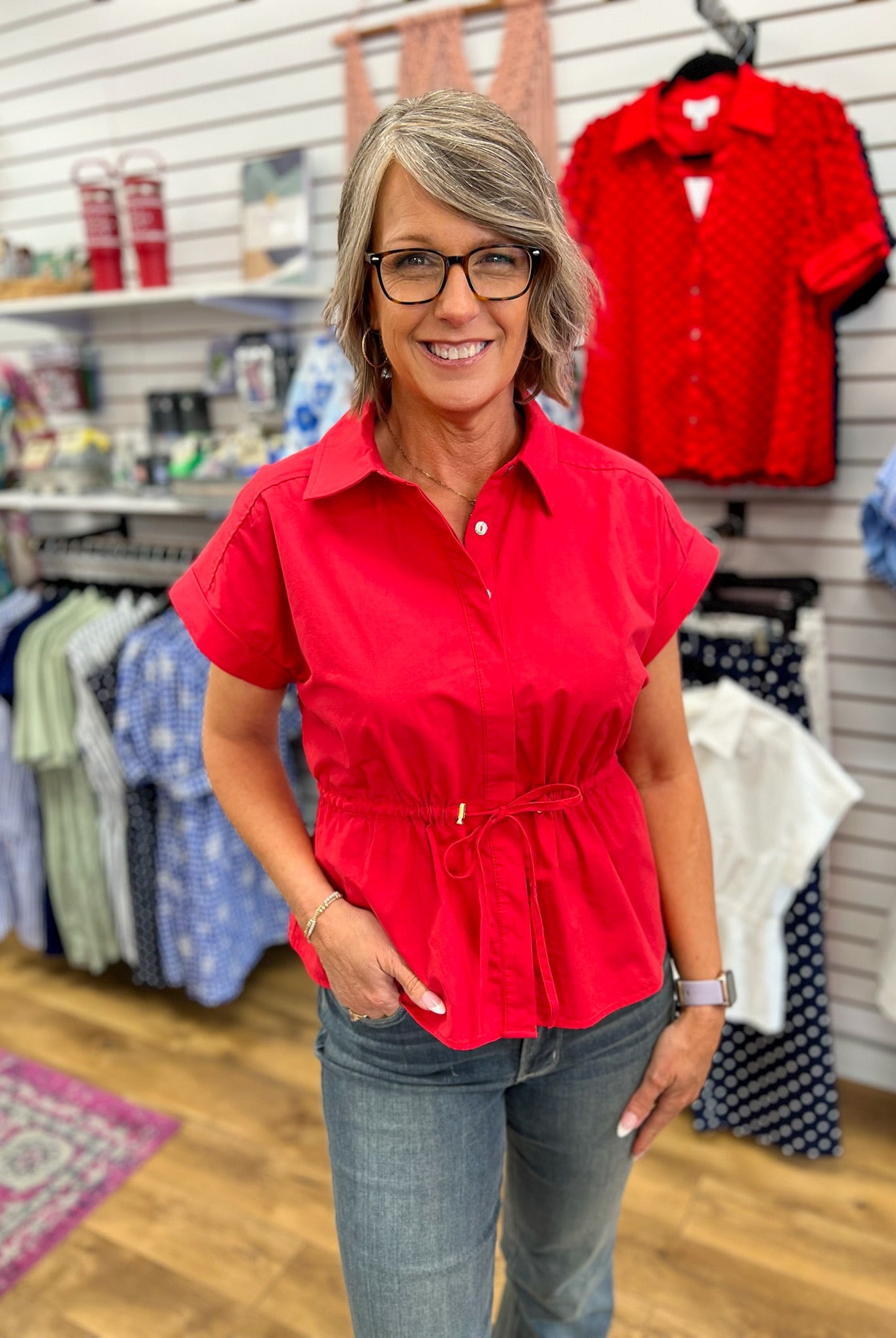 Red Peplum Top with Drawstring Waist - A'Bekah's Boutique