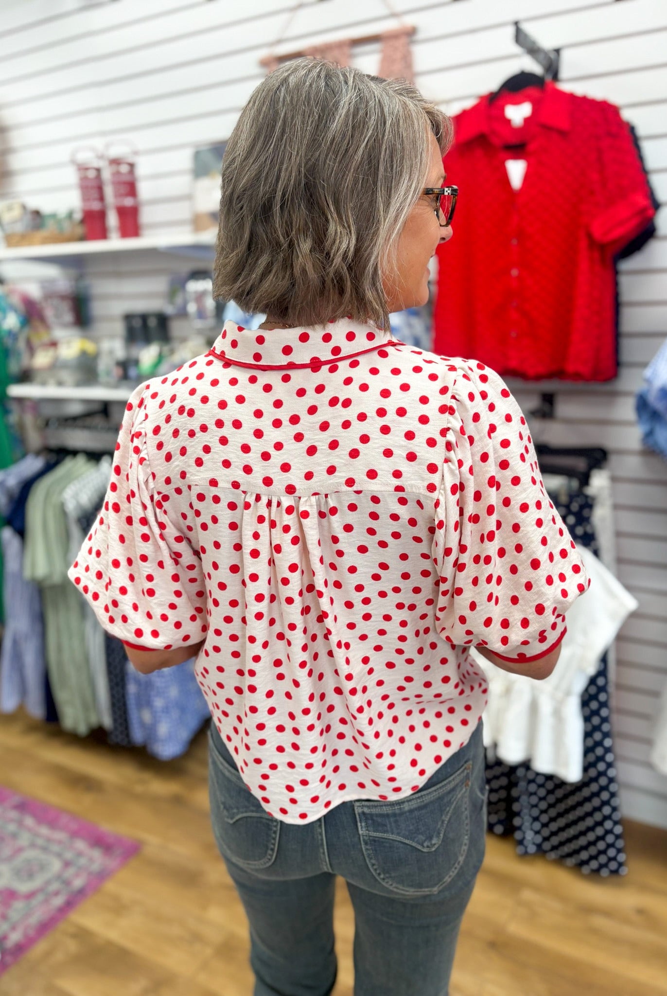 Red Polka Dot Top with Contrast Trim and Puff Sleeves - A'Bekah's Boutique