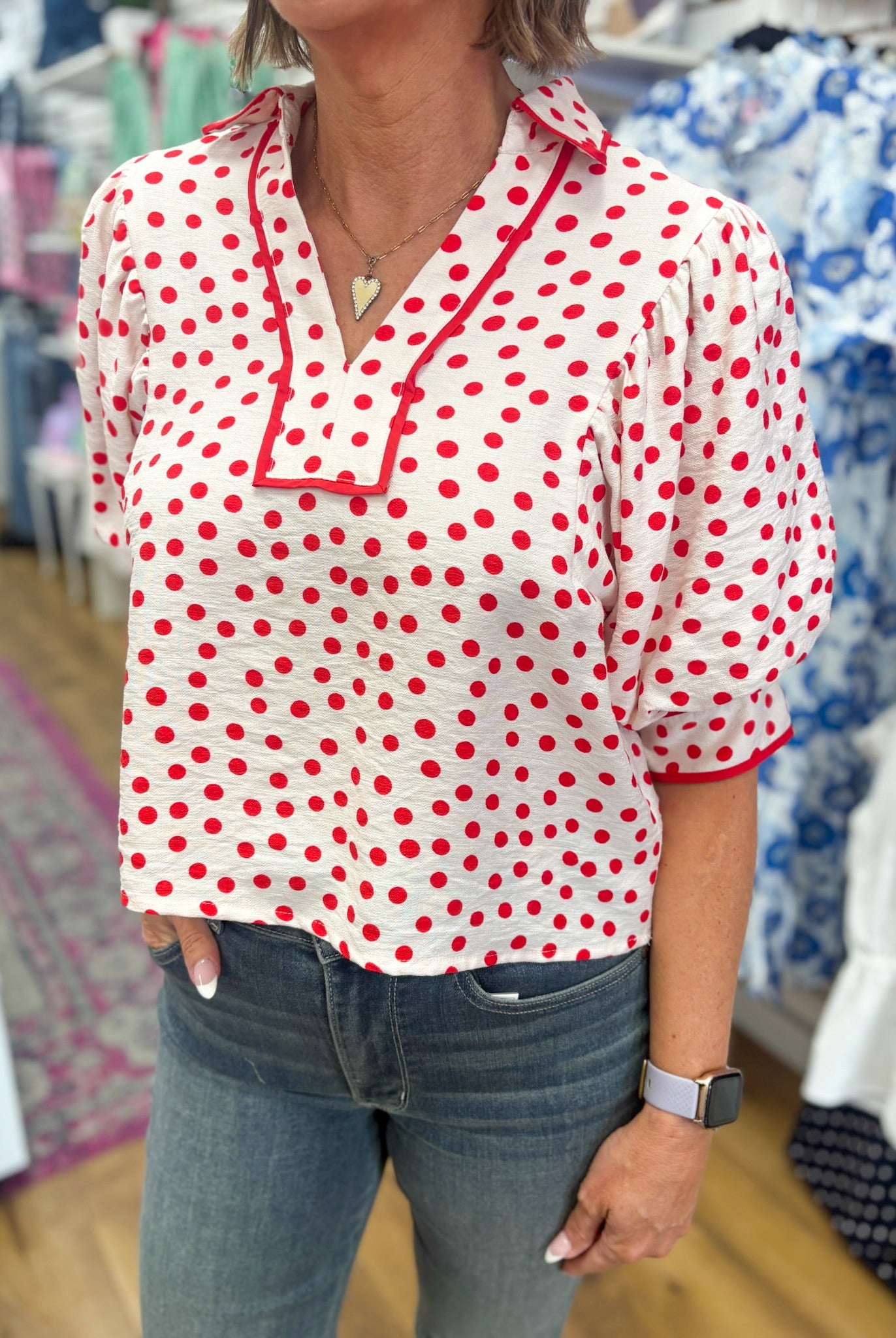 Red Polka Dot Top with Contrast Trim and Puff Sleeves - A'Bekah's Boutique