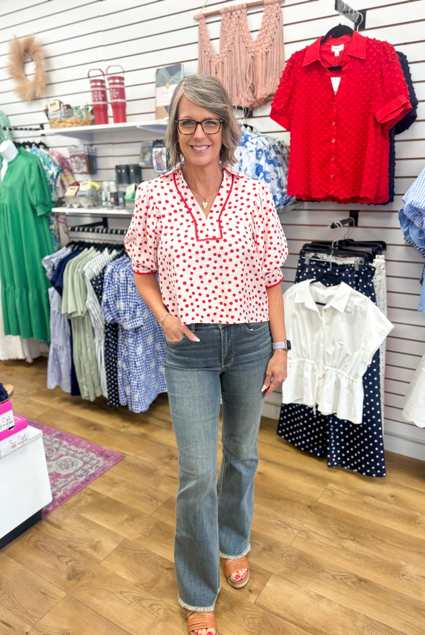 Red Polka Dot Top with Contrast Trim and Puff Sleeves - A'Bekah's Boutique