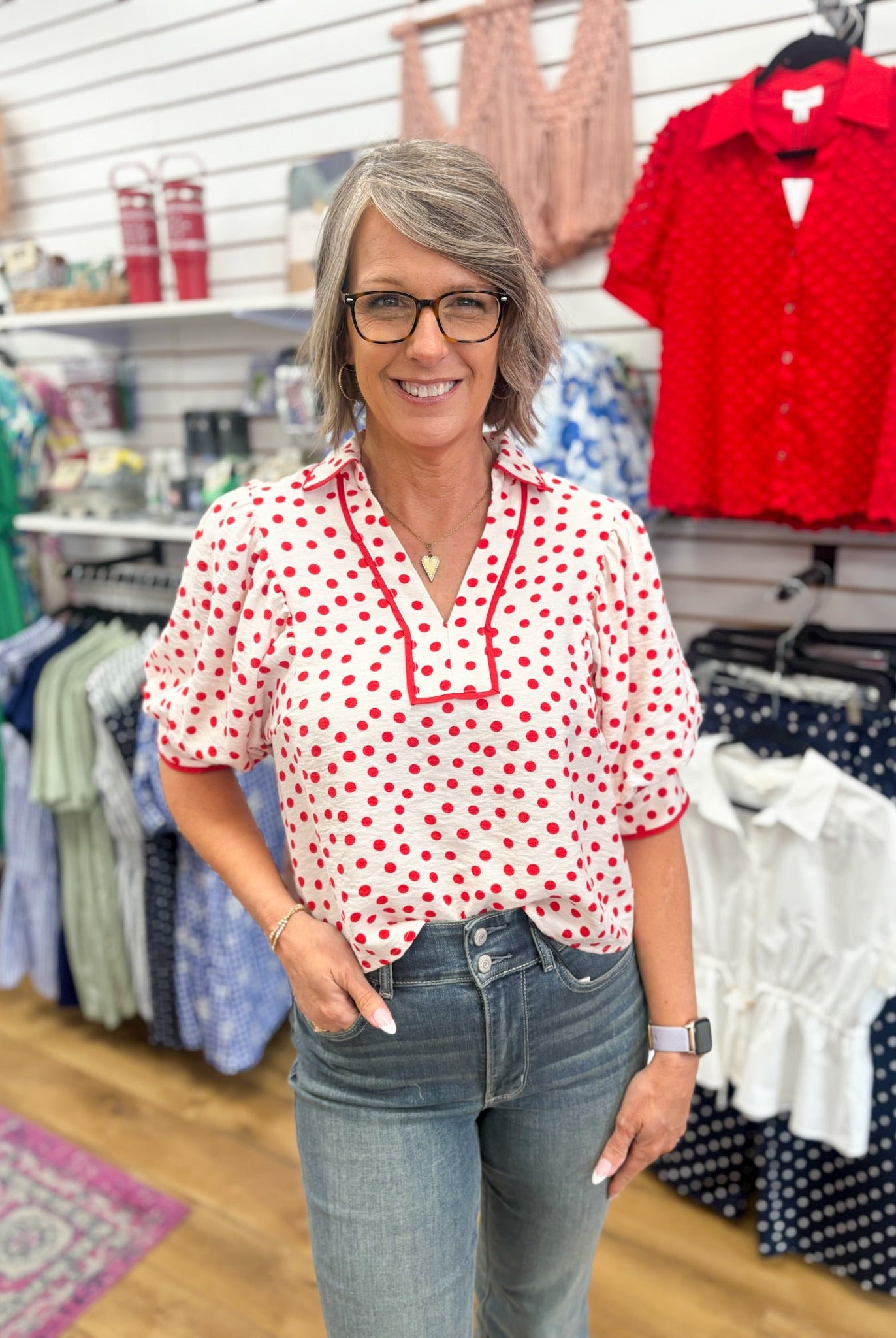 Red Polka Dot Top with Contrast Trim and Puff Sleeves - A'Bekah's Boutique