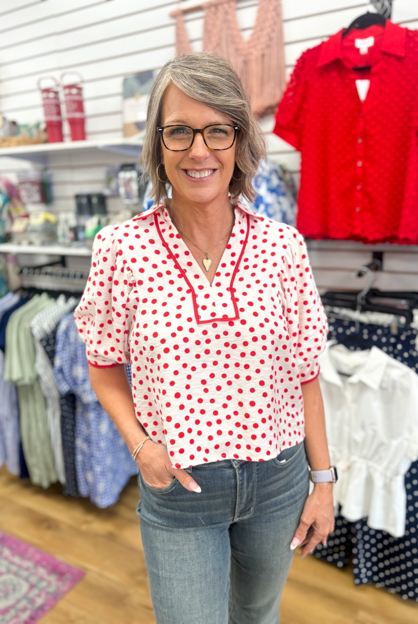 Red Polka Dot Top with Contrast Trim and Puff Sleeves - A'Bekah's Boutique