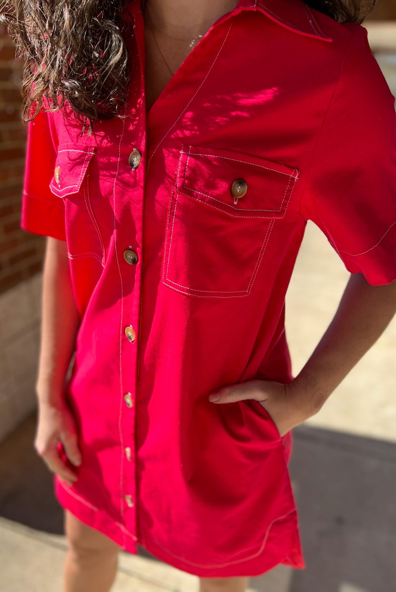 Red Short Sleeve Button Up Dress with Pockets - A'Bekah's Boutique