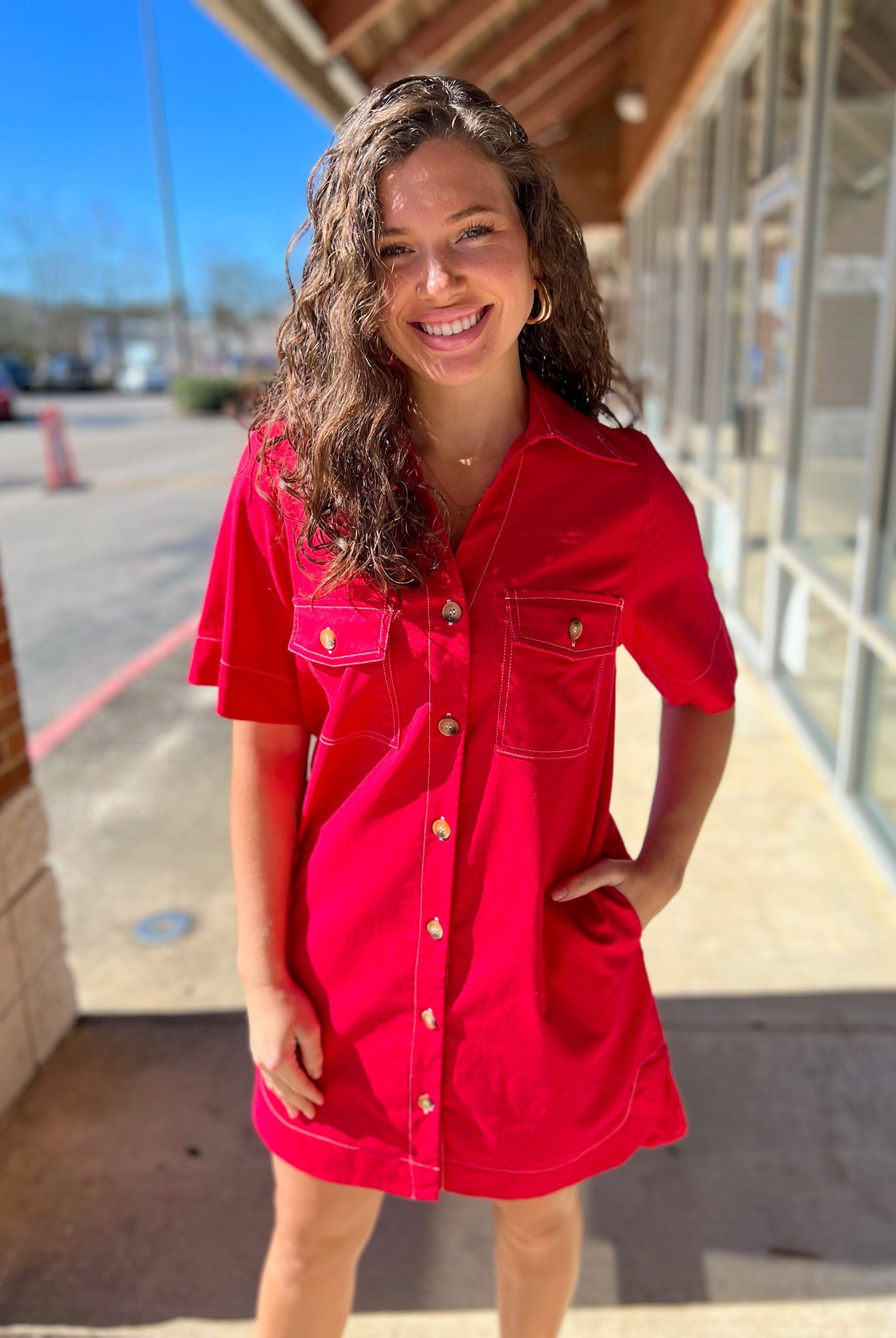 Red Short Sleeve Button Up Dress with Pockets - A'Bekah's Boutique