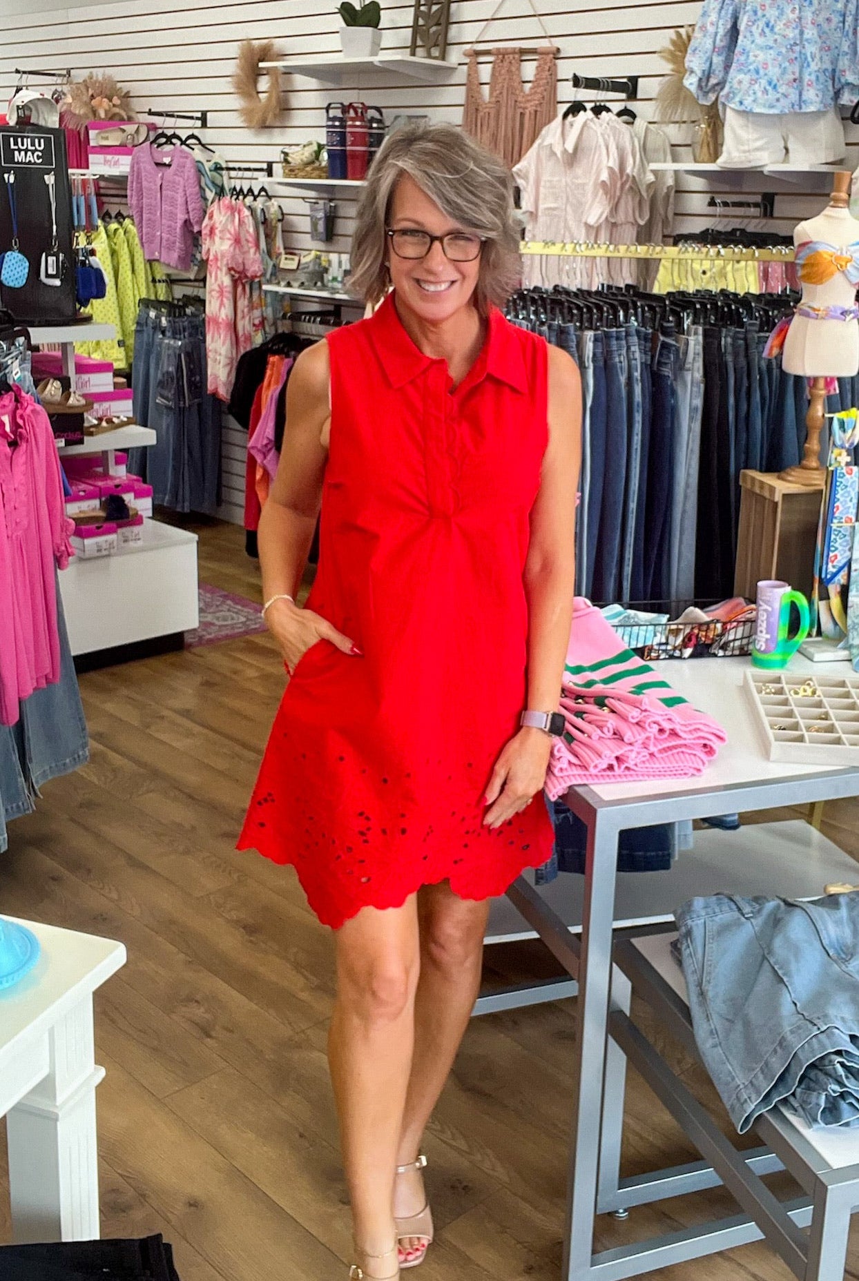 Red Sleeveless Dress with Eyelet Hem - A'Bekah's Boutique