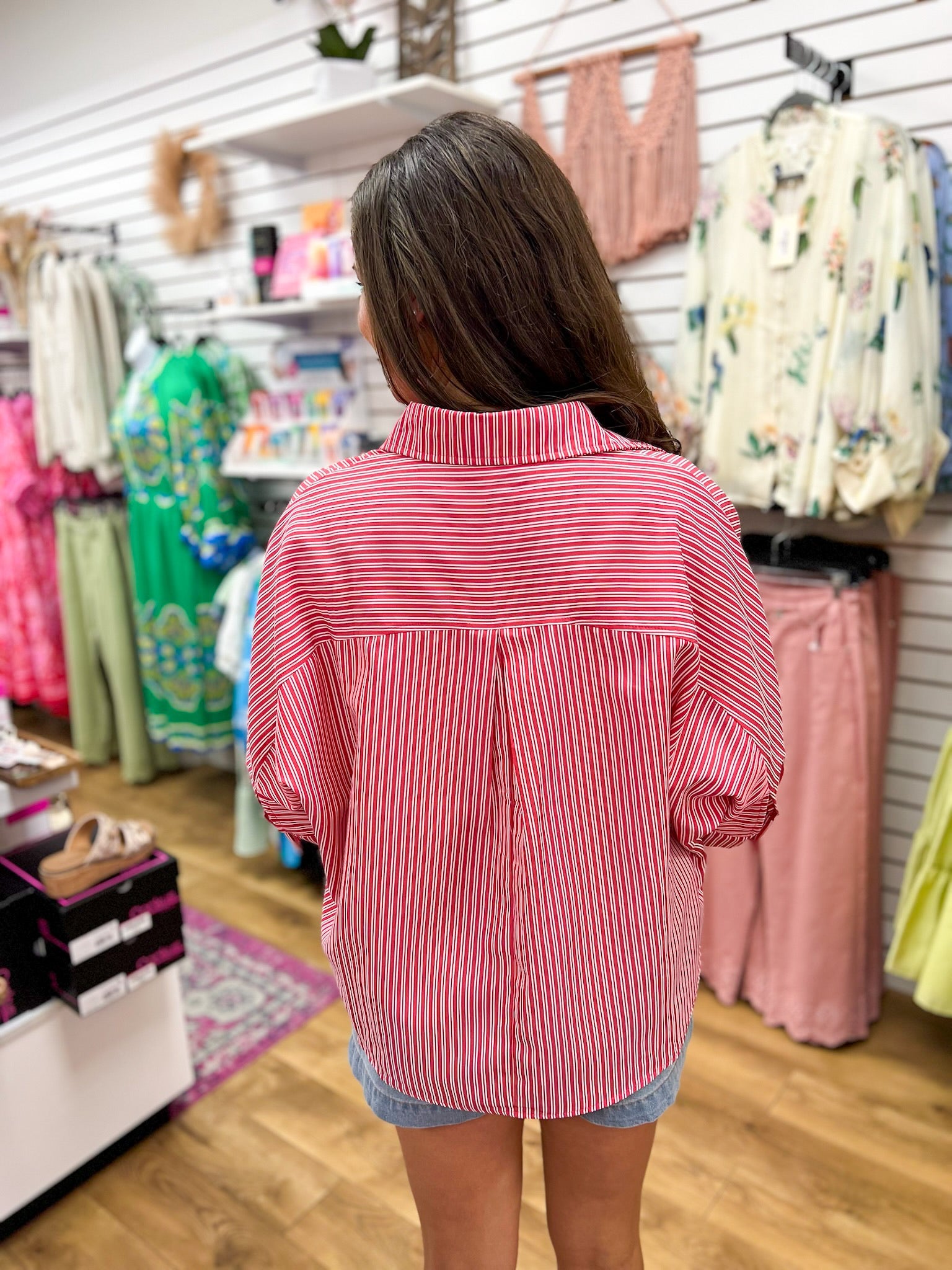 Red Striped Button Down Top with Elbow Length Sleeves - A'Bekah's Boutique