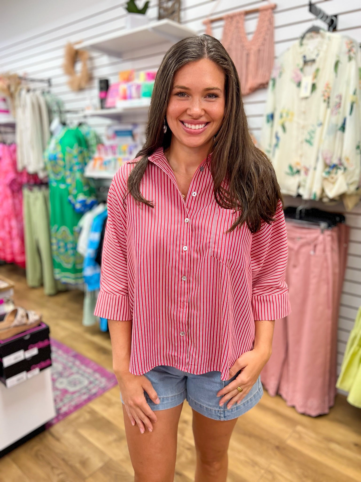 Red Striped Button Down Top with Elbow Length Sleeves - A'Bekah's Boutique